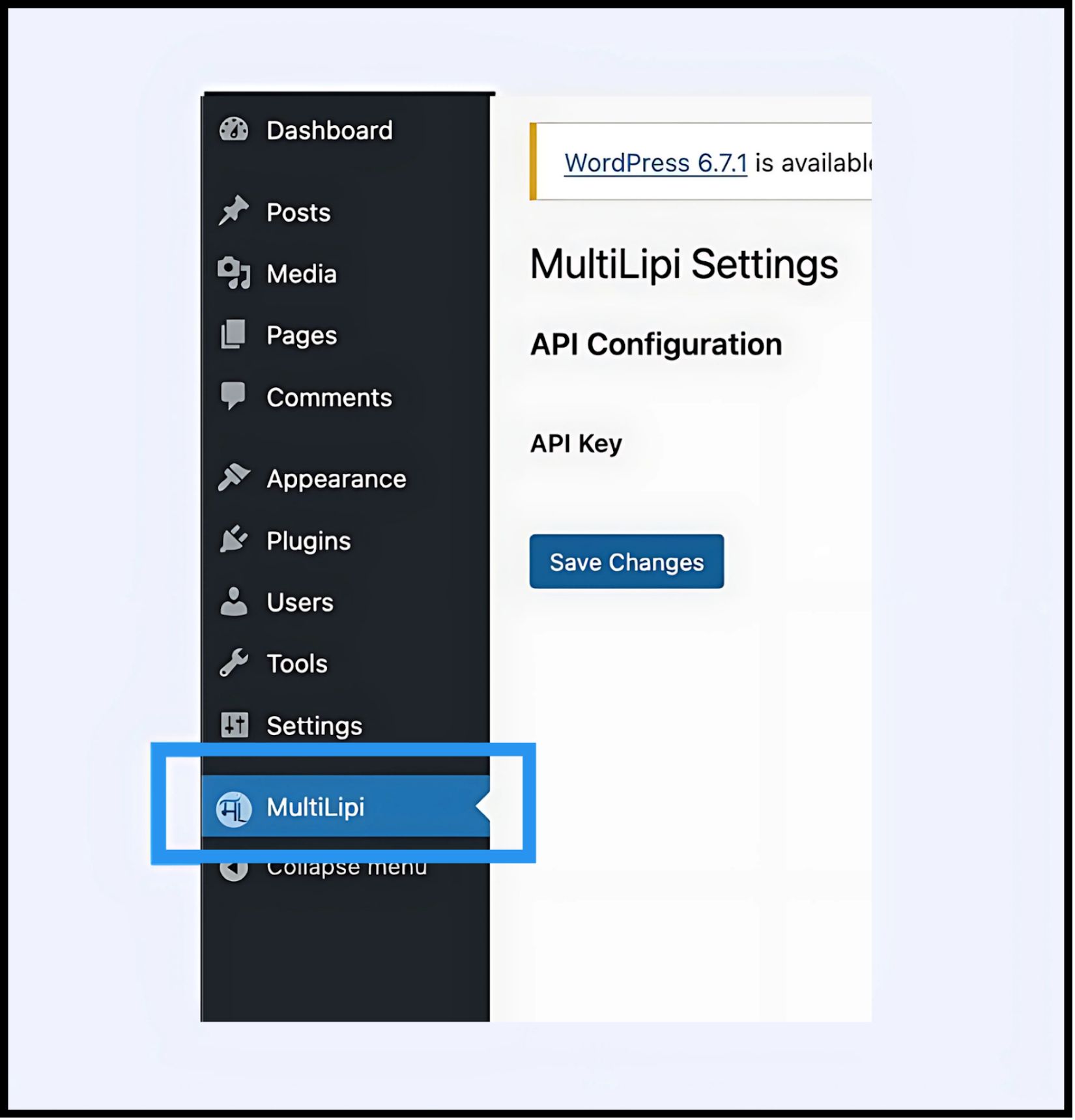 WordPress admin dashboard sidebar showing Settings menu expanded with MultiLipi submenu item highlighted in blue, alongside main navigation including Dashboard, Posts, Media, Pages, Comments, Appearance, Plugins, Users, and Tools