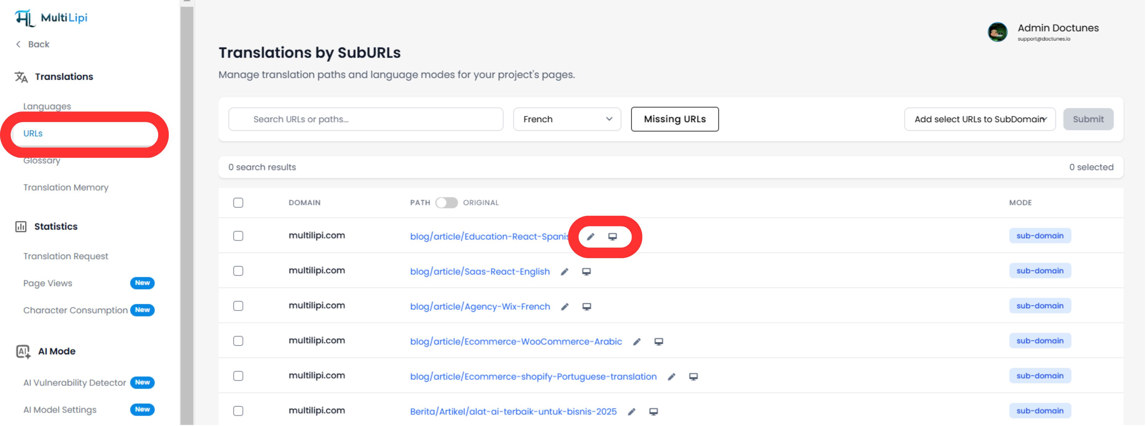 MultiLipi Translations by SubURLs - Page List View