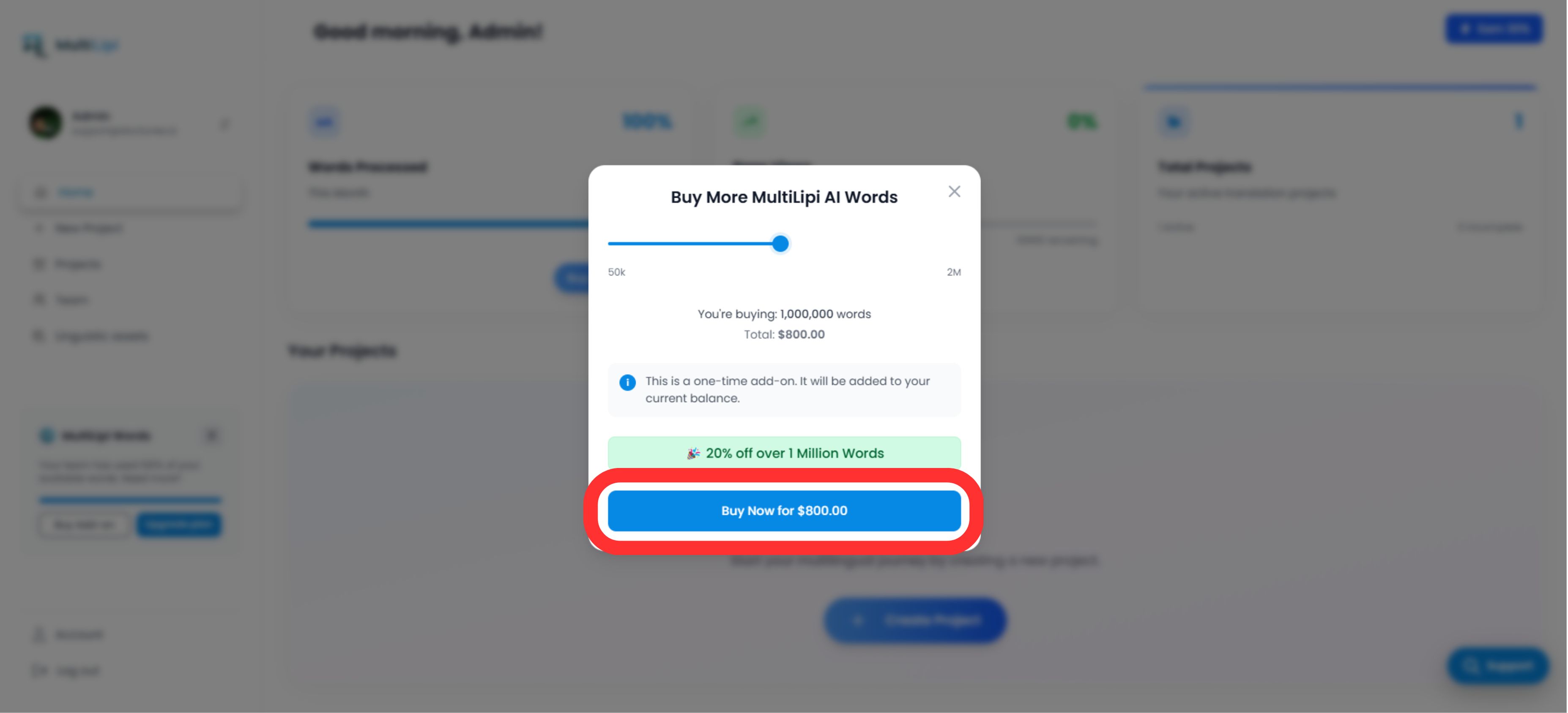 Buy More MultiLipi AI Words modal showing volume slider and pricing