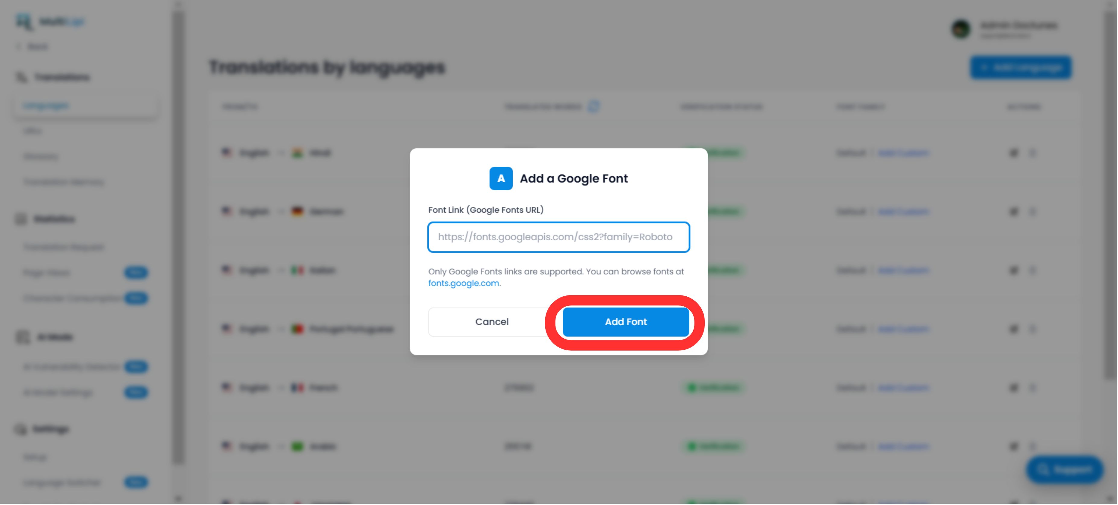 Add a Google Font modal popup with URL input field and Add Font button highlighted