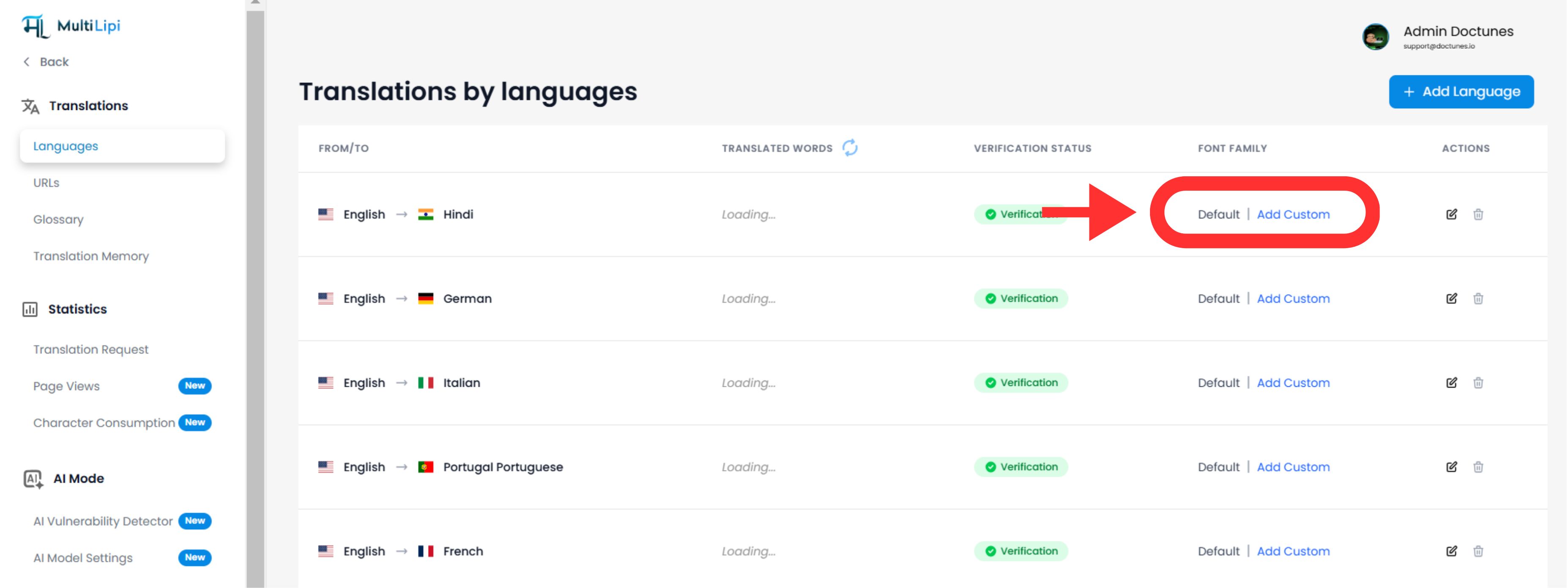 MultiLipi dashboard showing Translations by languages page with Add Custom font buttons highlighted