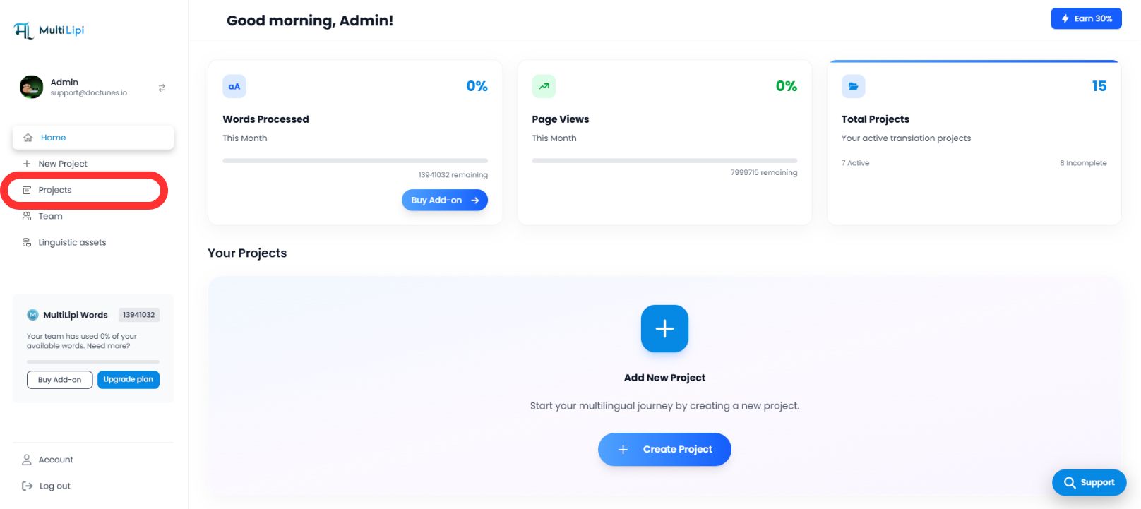 MultiLipi dashboard showing Projects section in left sidebar with active portfolio and usage statistics