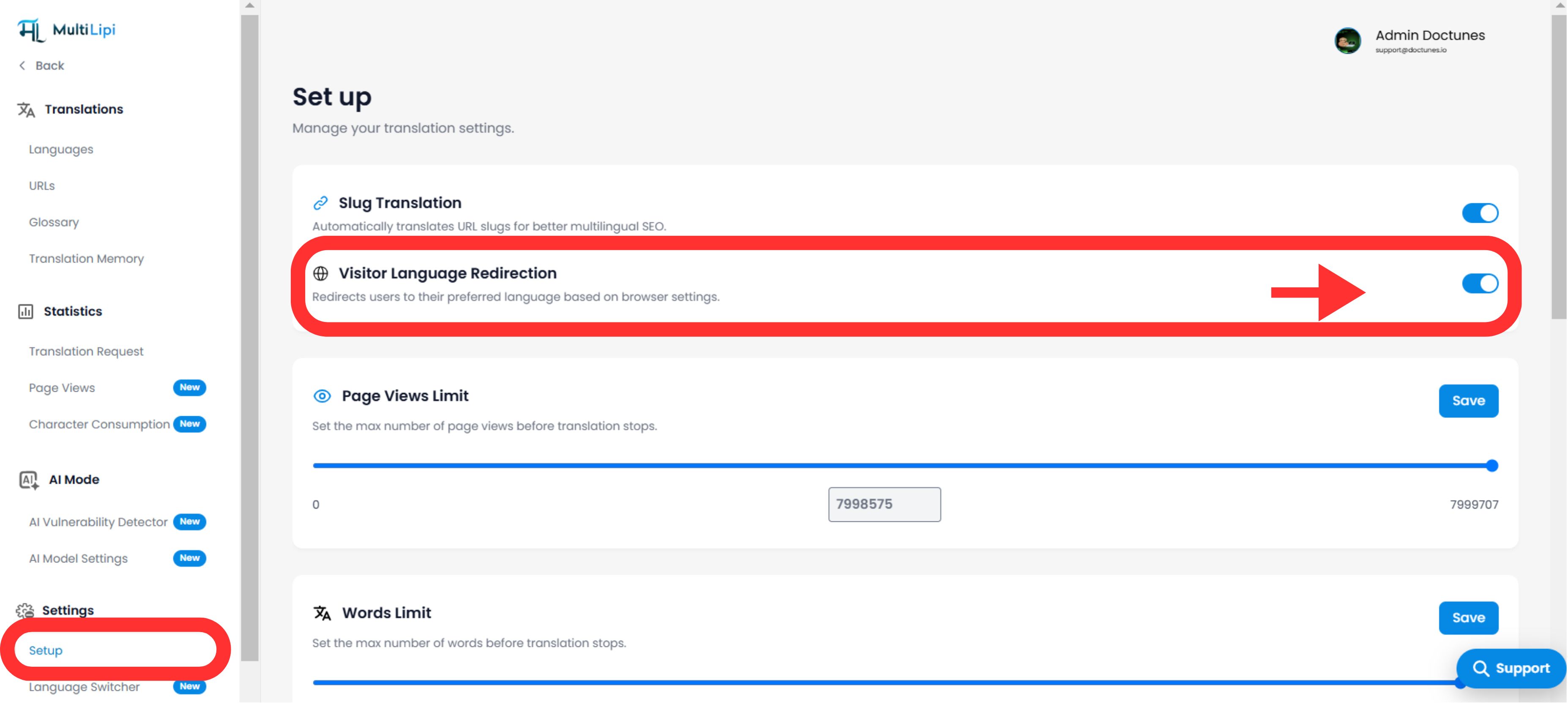 MultiLipi Setup page showing Visitor Language Redirection toggle highlighted with red arrow and border