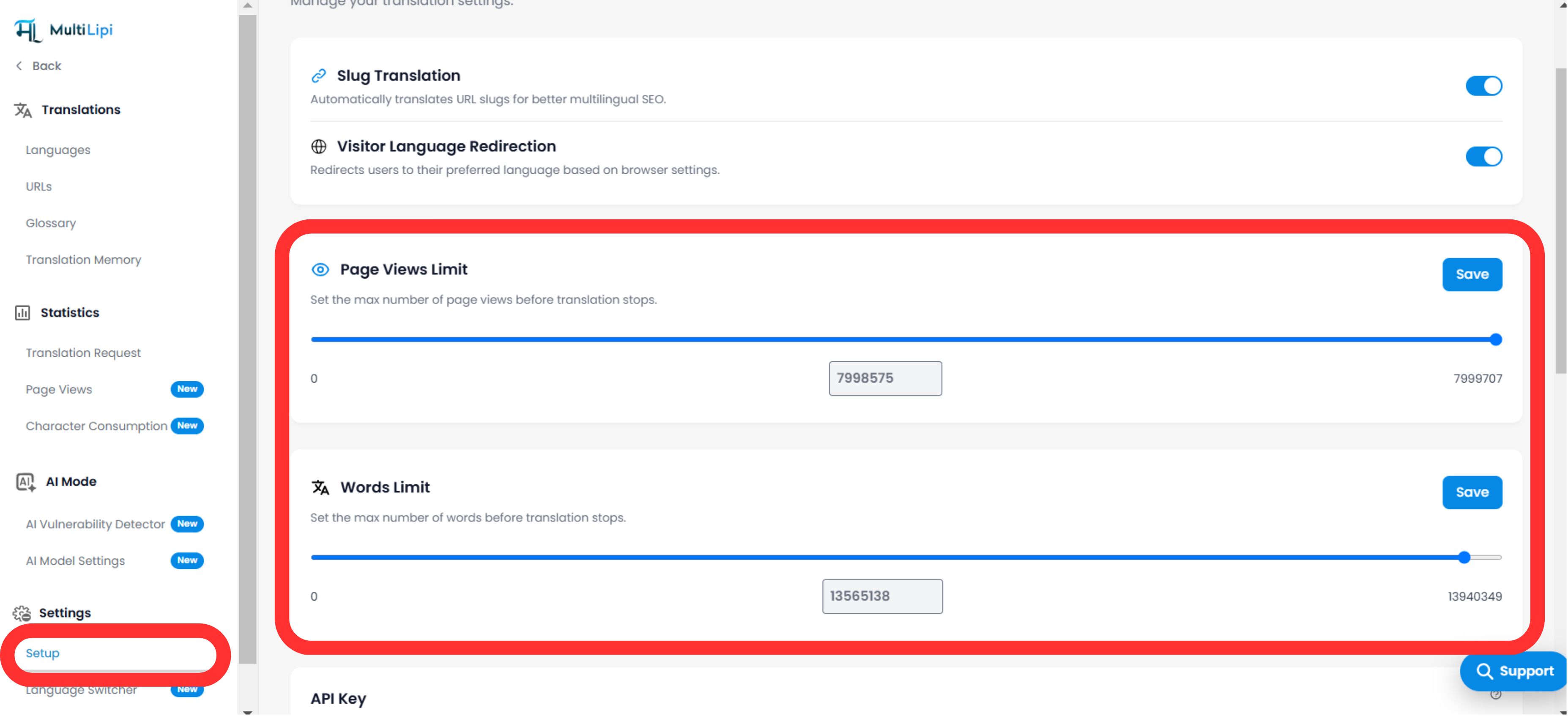 MultiLipi Setup page showing Page Views Limit and Words Limit sliders with input fields and Save buttons, highlighted with red border