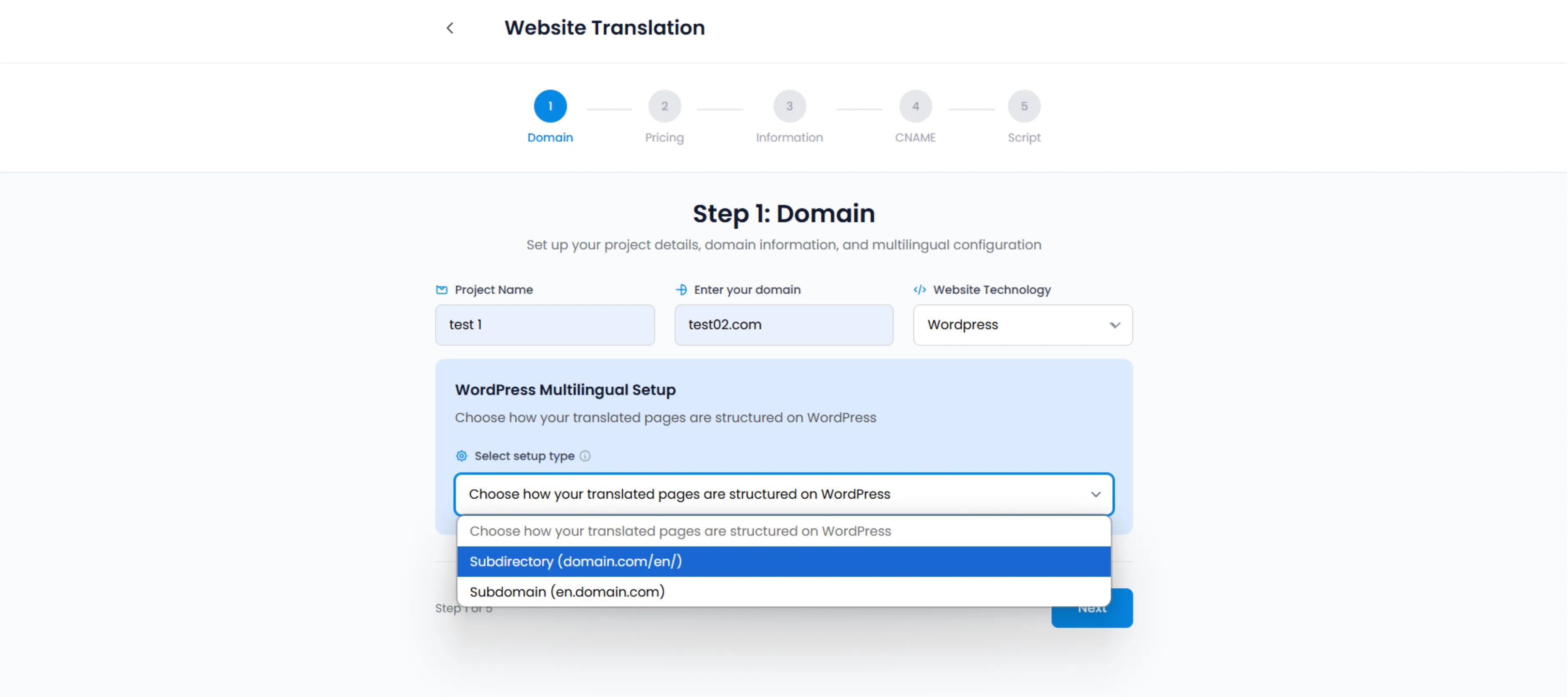 WordPress Multilingual Setup - Sub-directory vs Subdomain configuration dropdown showing domain.com/en/ and en.domain.com options