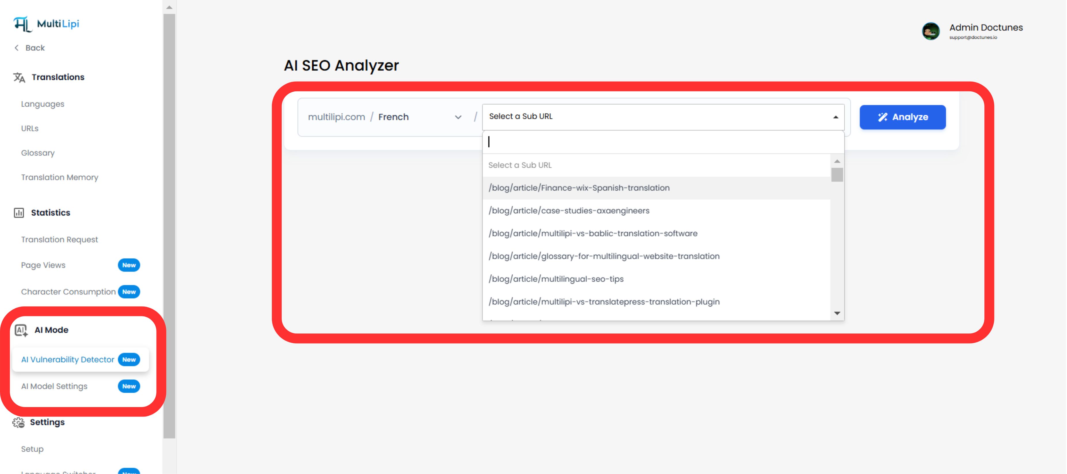 AI SEO Analyzer interface showing domain dropdown set to French language, Sub URL dropdown menu with multiple blog article paths, and Analyze button highlighted with red border