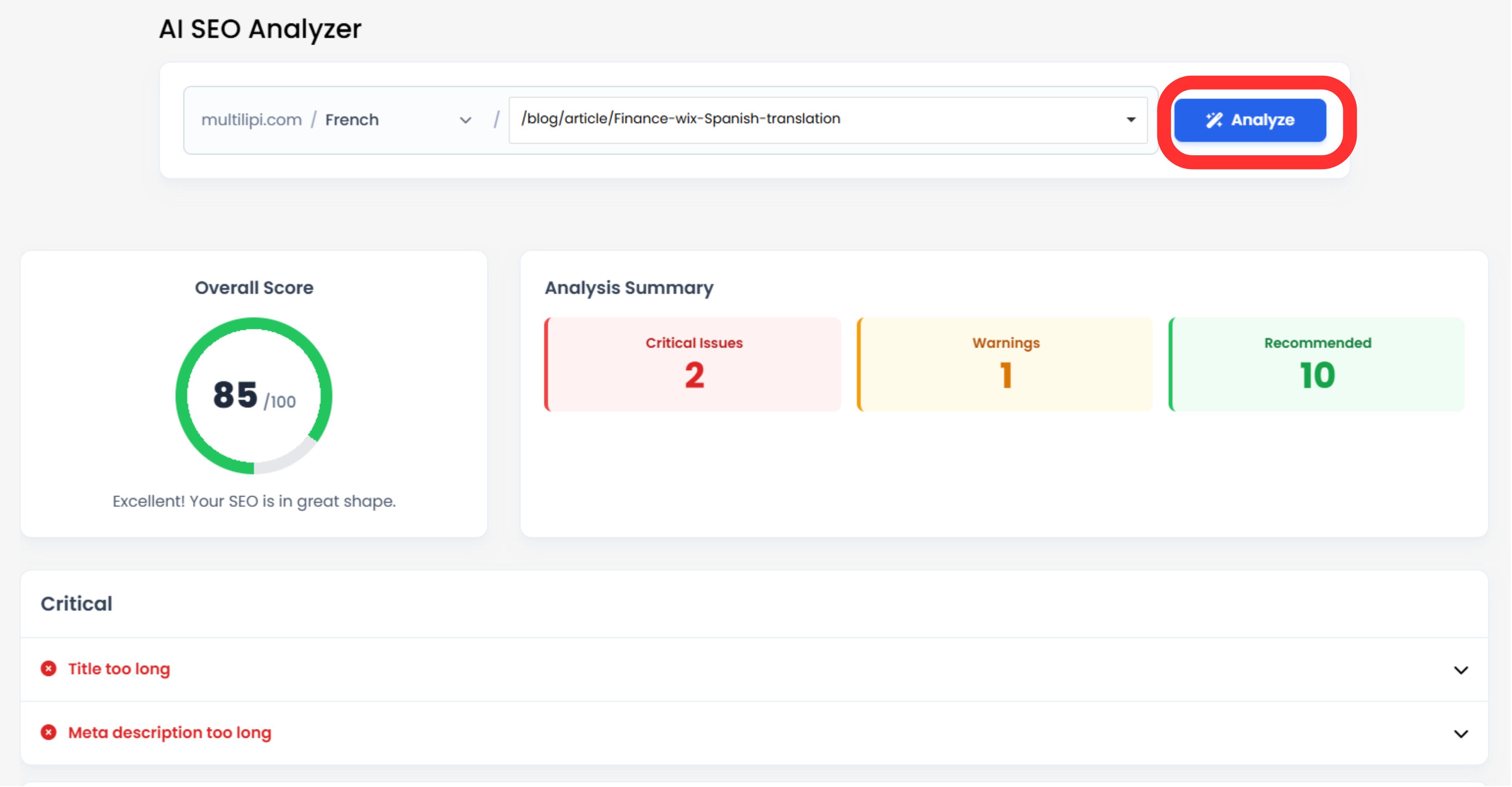 AI SEO Analyzer results page showing SEO health score of 75/100, critical vulnerabilities highlighted in red including missing alt tags and slug mismatches, and optimization warnings in yellow about meta description length