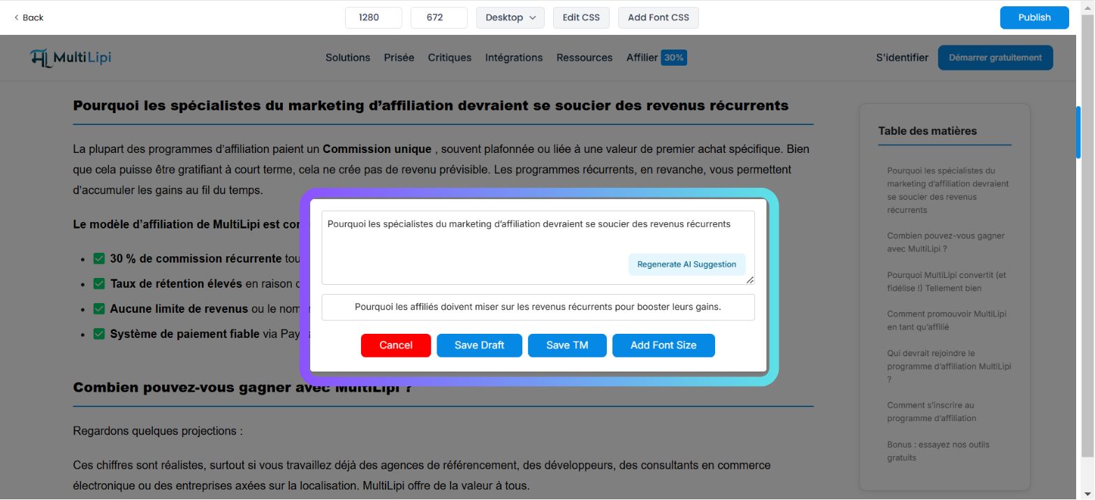 Virtual Editor showing live website preview with editable French text 'Pourquoi les spécialistes du marketing d'affiliation devraient se soucier des revenus récurrents' and AI Suggestion dialog with Regenerate AI Suggestion option, Cancel, Save Draft, Save TM, and Add Font Size buttons