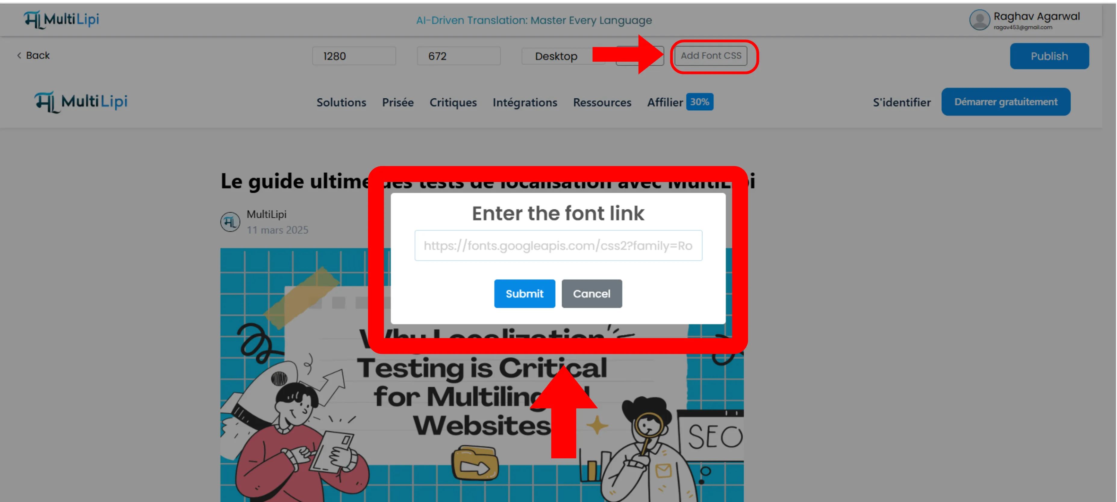 Add Google Fonts and Custom CSS modal in MultiLipi Visual Editor