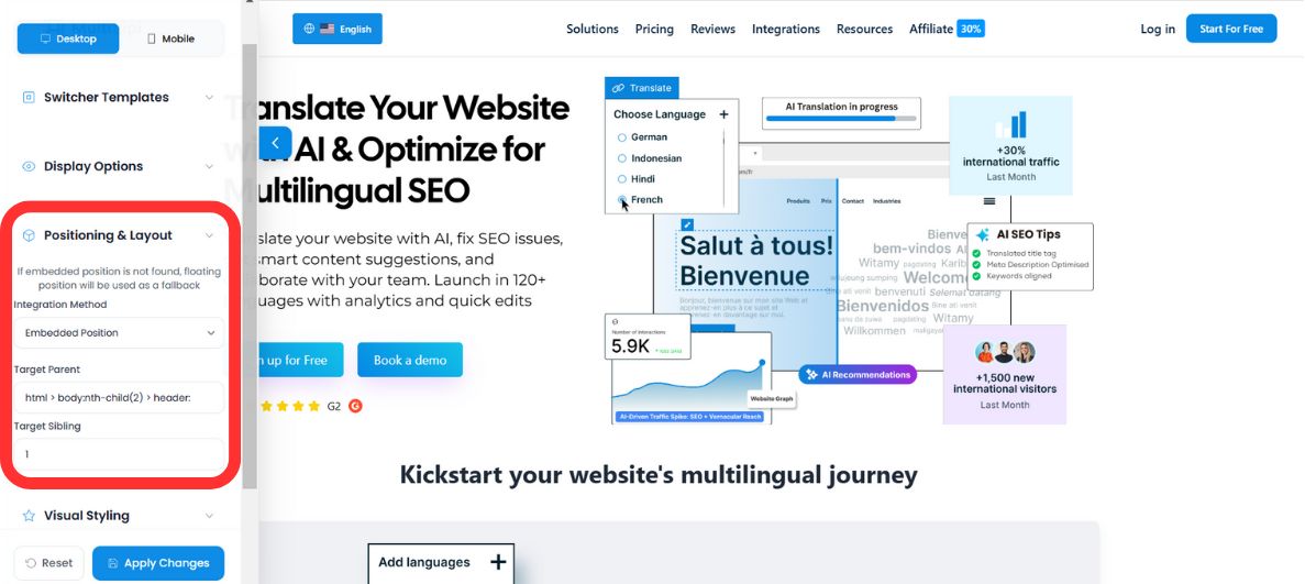 MultiLipi Language Switcher settings interface showing Display Options sidebar with Positioning & Layout section highlighted in red, containing Embedded Position toggle, Target Parent field with HTML body>nav>ul (#header) example, and Target Sibling field