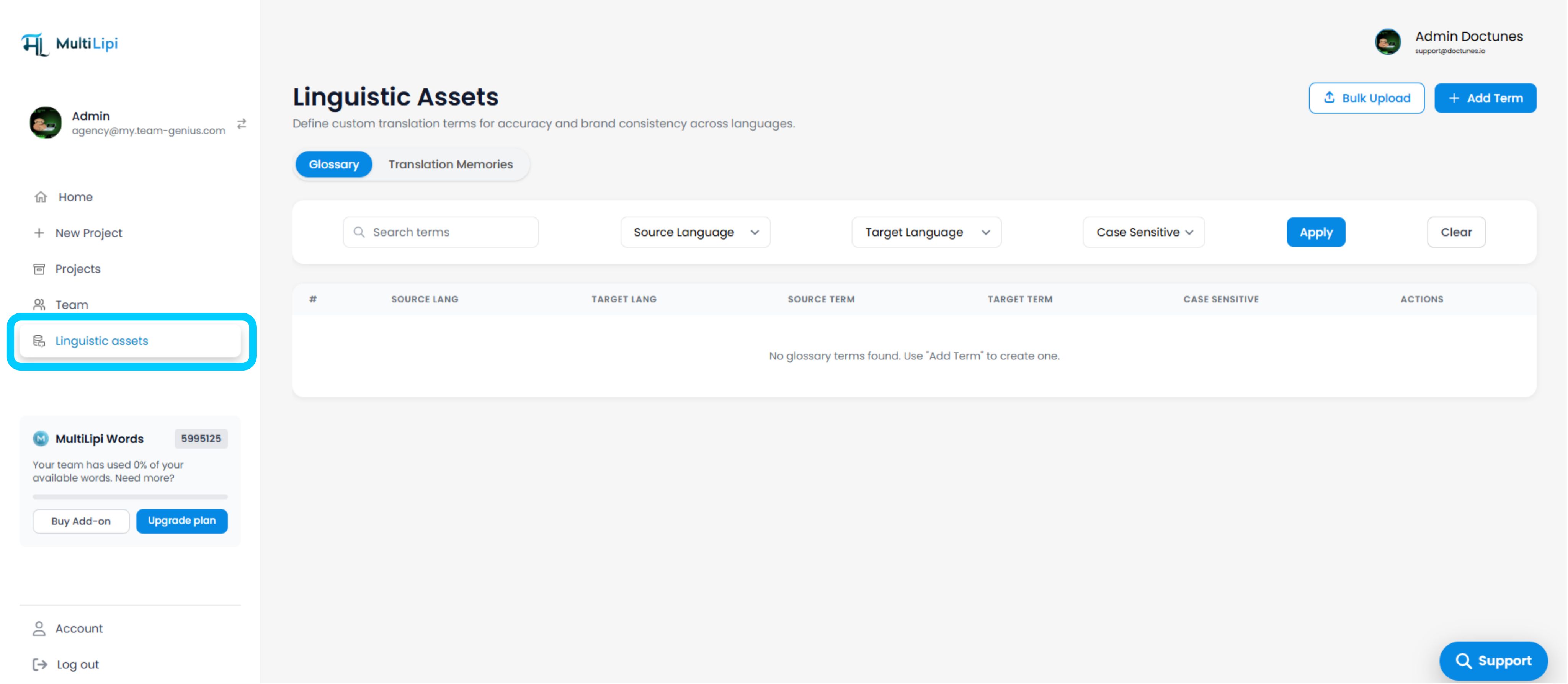 Linguistic Assets interface showing Glossary and Translation Memories tabs with search filters for source language, target language, and case sensitivity options