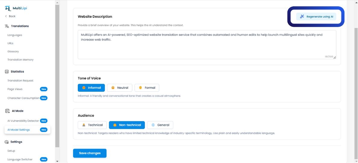 AI Model Settings page showing Website Description field with Regenerate using AI button, Tone of Voice options (Informal, Neutral, Formal), Audience options (Technical, Non-technical, General), and Save changes button