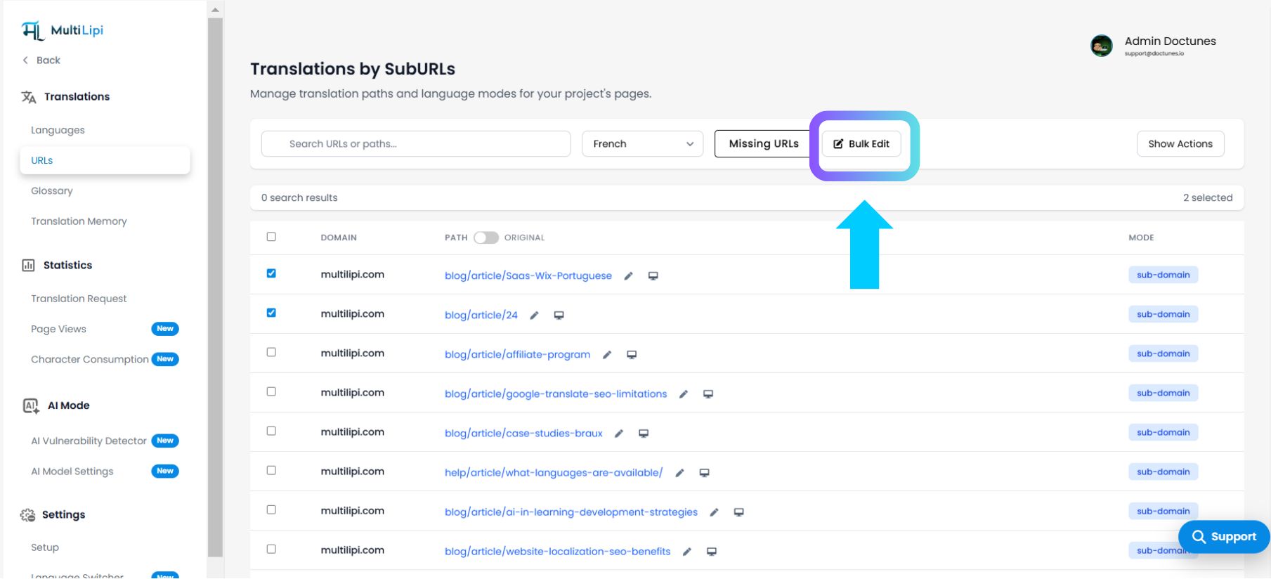 Translations by SubURLs page showing URL list with multilipi.com domains, French language selector, Bulk Edit button highlighted with blue arrow, and multiple blog article paths including 'blog/article/faqs-Wix-Portugues' and 'blog/article/affiliate-program'
