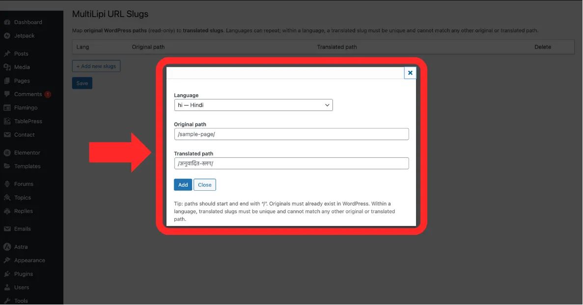 URL slug mapping form showing Language dropdown, Original Path input field, and Translated Path input field with Hindi example