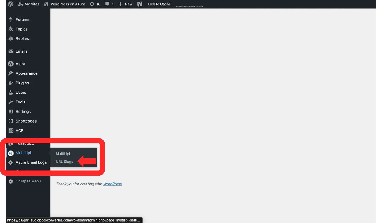WordPress admin sidebar showing MultiLipi menu expanded with URL Slugs submenu option highlighted