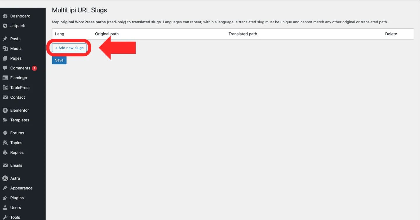 MultiLipi URL Slugs manager interface showing the Add new slugs button in the WordPress admin panel