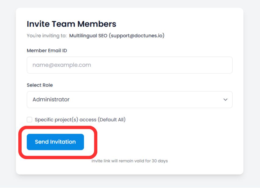 Invite Team Members modal showing email input field, role dropdown set to Administrator, and Send Invitation button highlighted in red