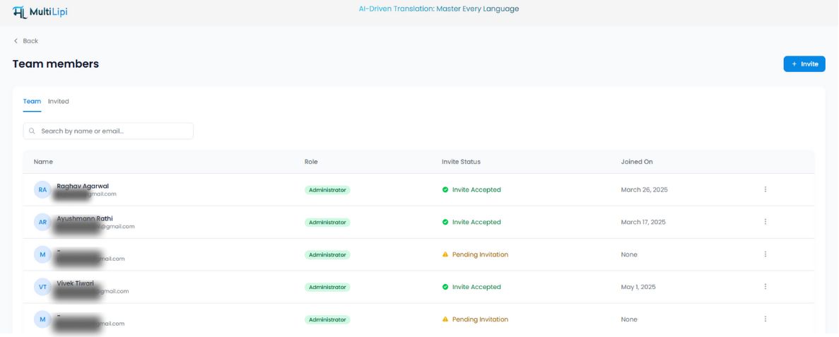Team members page displaying list of team members with their roles, invite status, and joined dates in a clean table layout