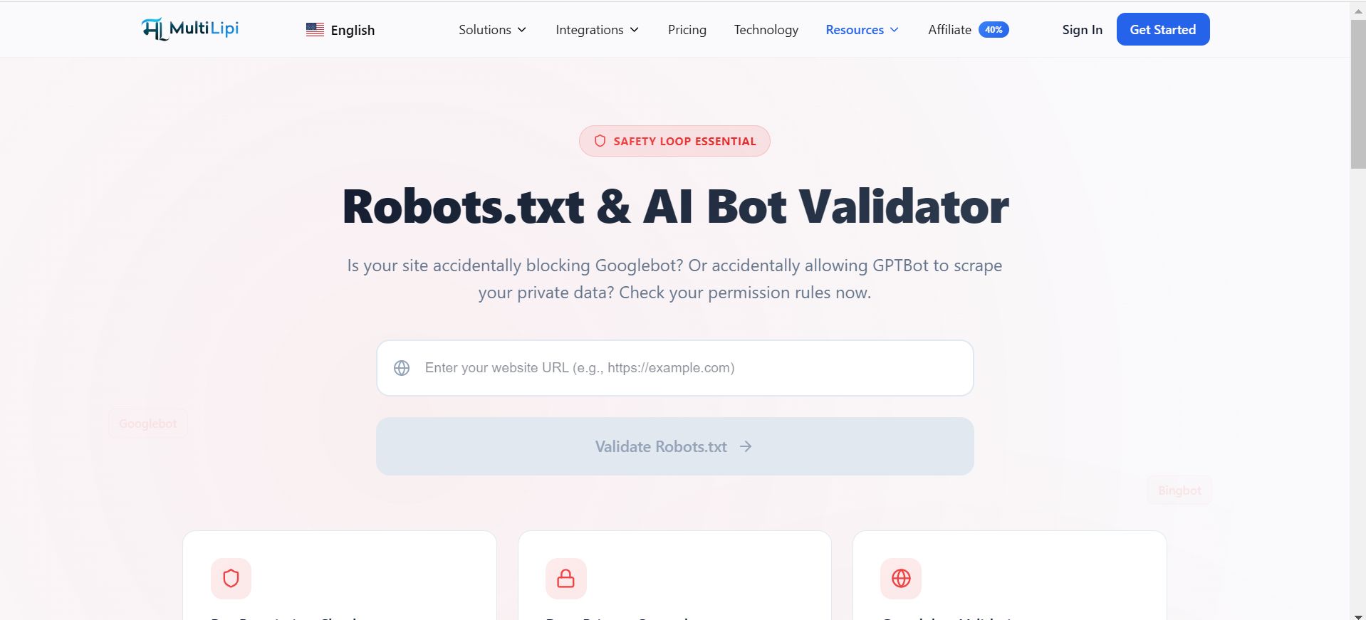 MultiLipi Free Robots.txt & AI Bot Validator showing permission rules audit interface