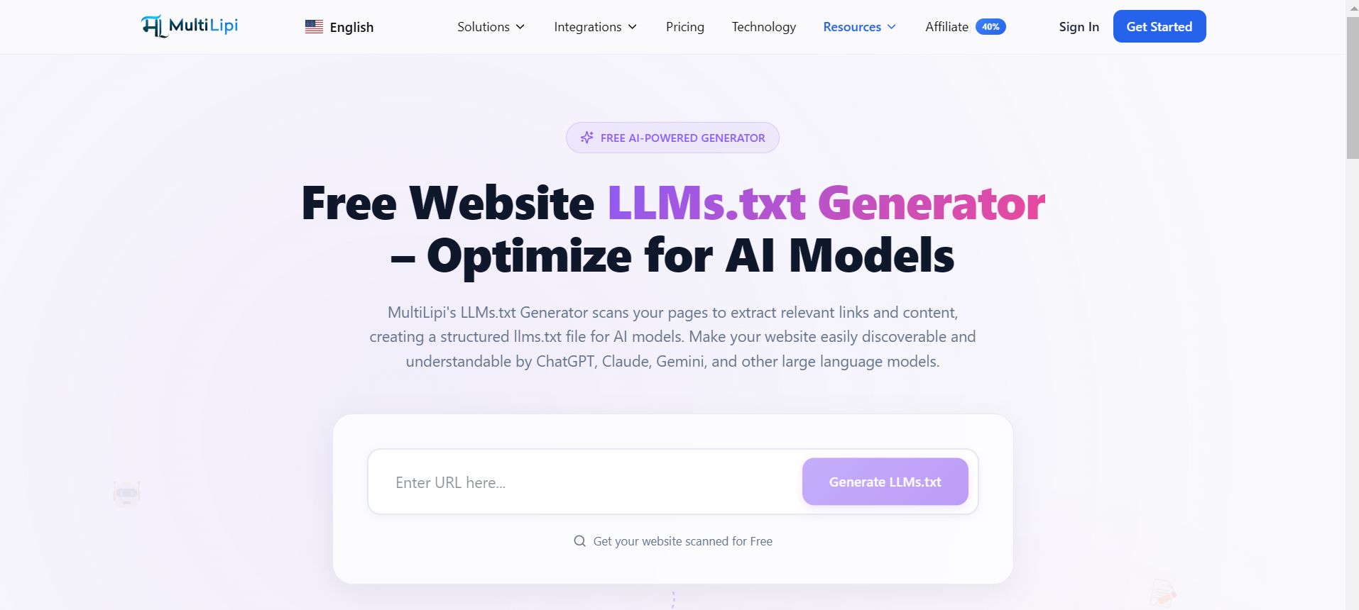 MultiLipi Free Website LLMs.txt Generator showing AI-optimized content feed interface
