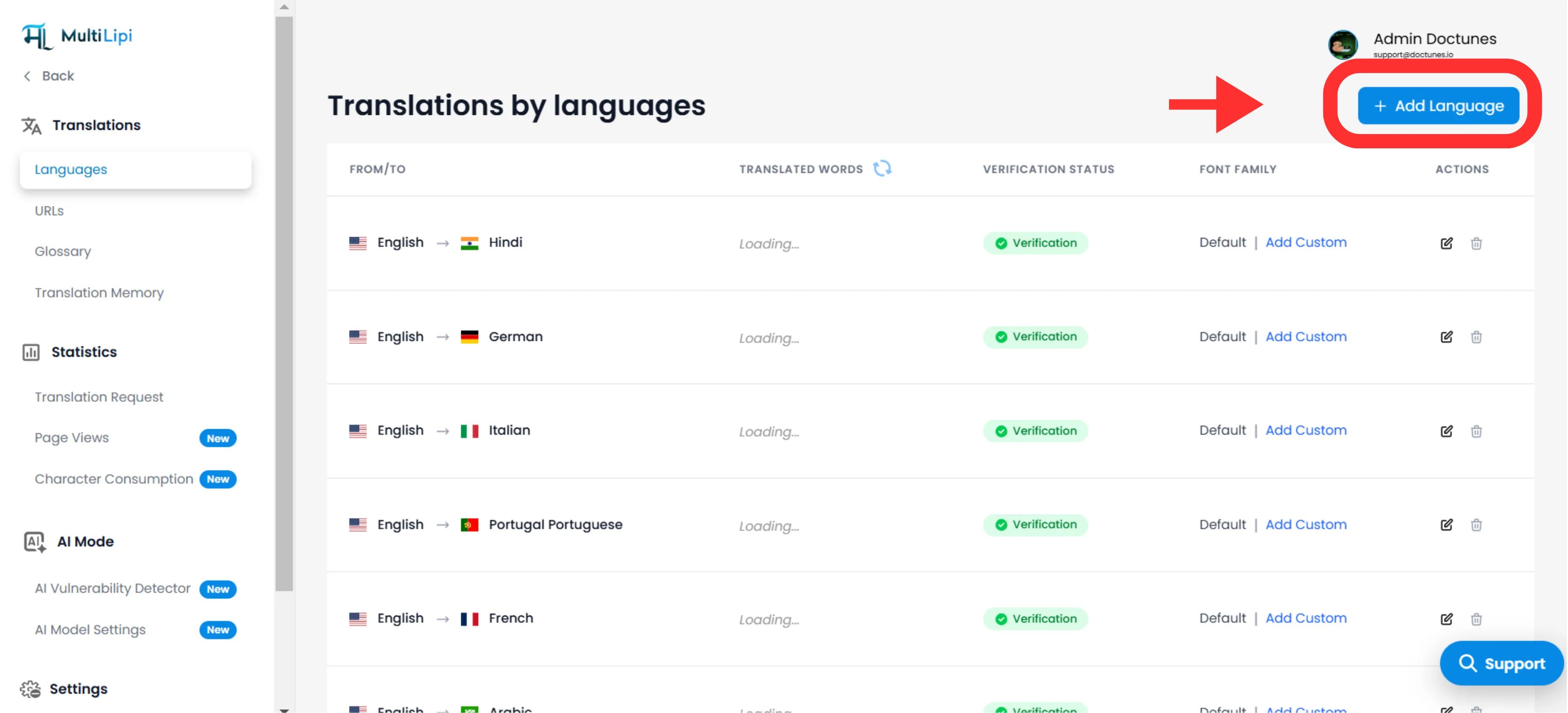 Translations by languages page with Add Language button highlighted in the top-right corner