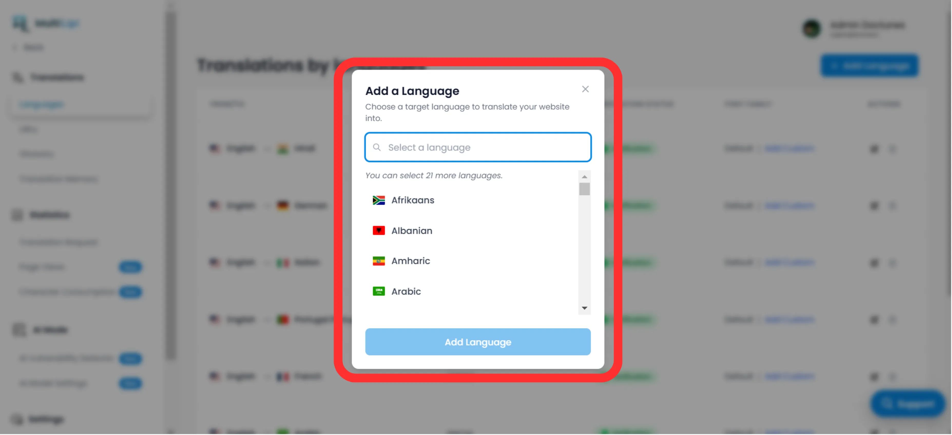 Add a Language modal showing language selection dropdown with options like Afrikaans, Albanian, Amharic, and Arabic