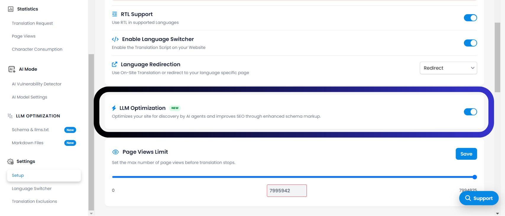 LLM Optimization toggle in settings