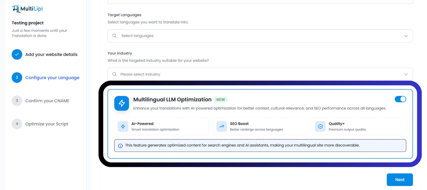 Multilingual LLM Optimization toggle in project setup