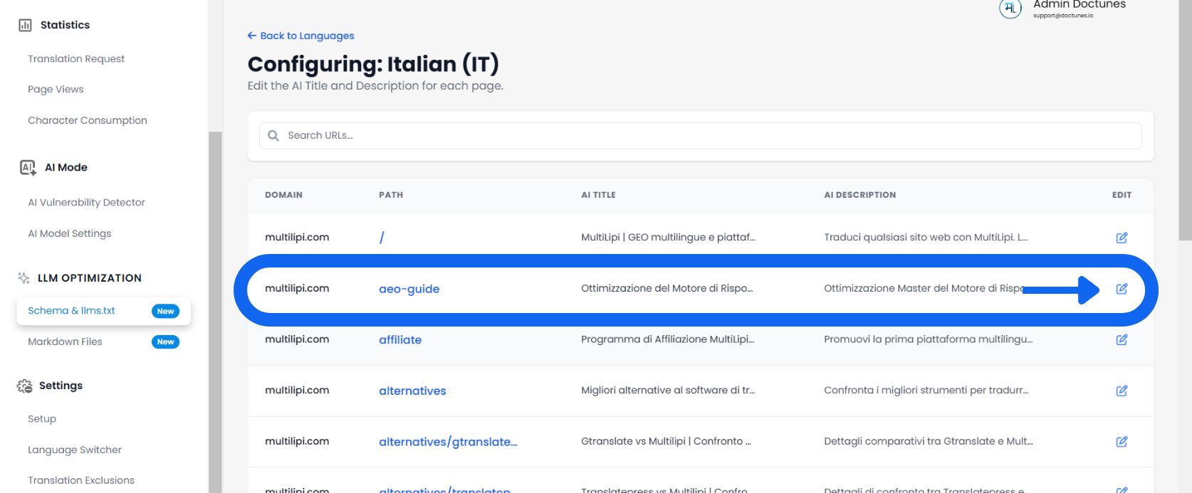 Configuring Italian language showing page metadata