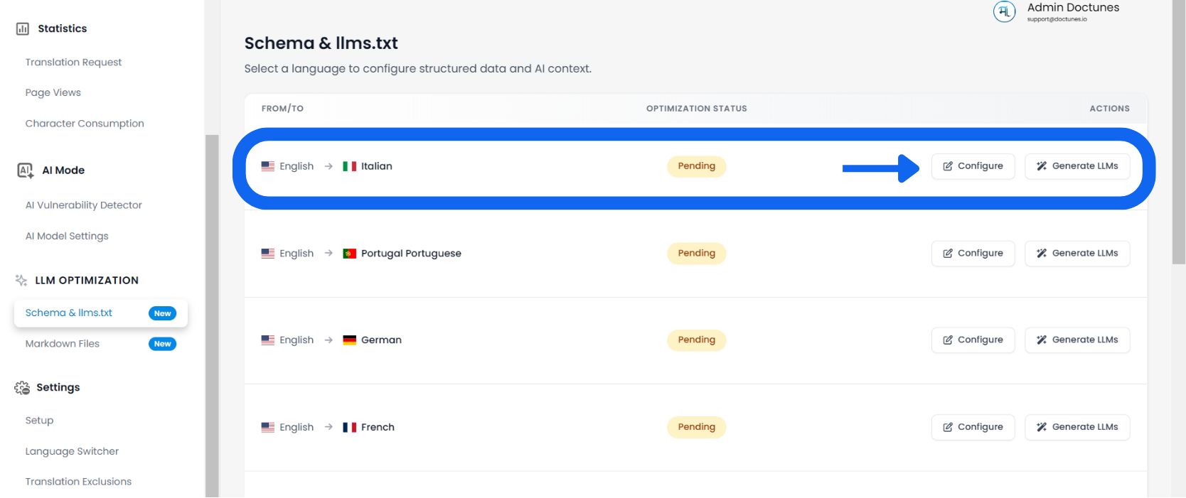 Schema & llms.txt dashboard showing language pairs