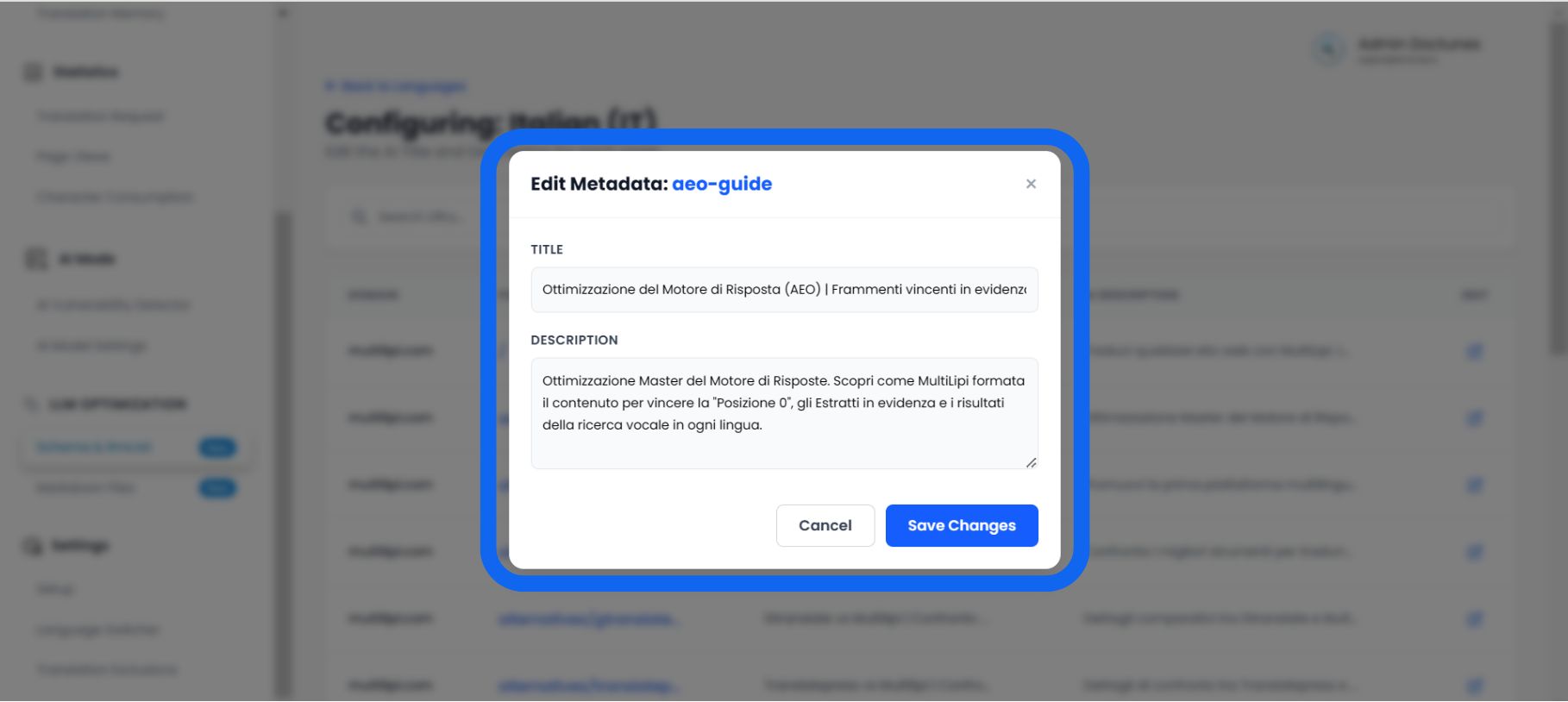 Edit Schema Metadata modal with title and description fields