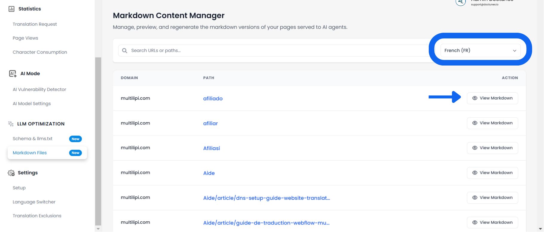 Markdown Content Manager dashboard showing list of pages