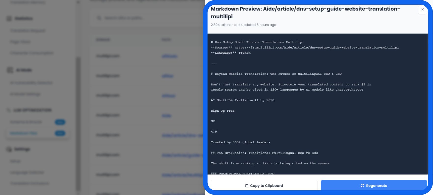 Markdown Preview modal showing content with action buttons