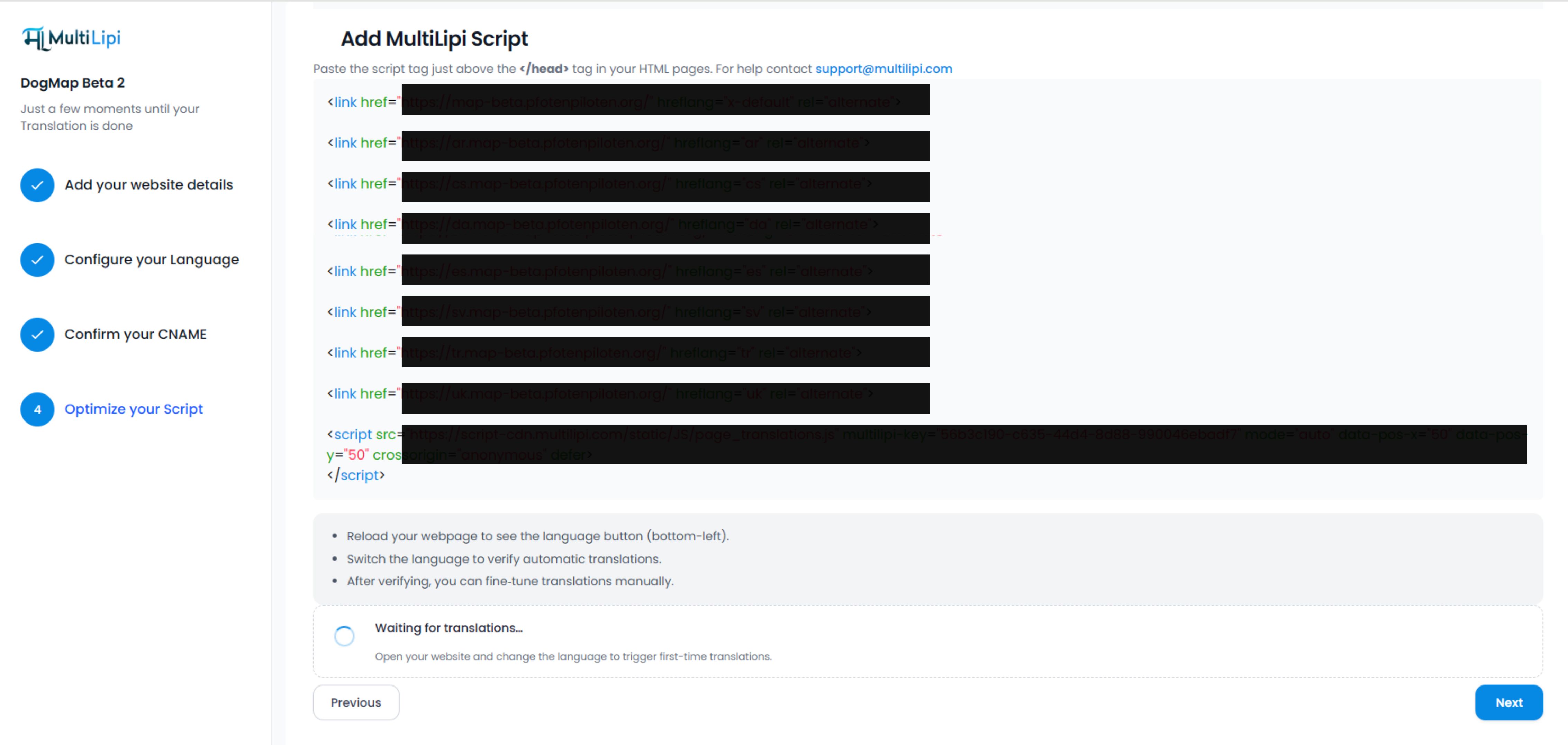 Step 4: Script integration showing JavaScript snippet to add to website header