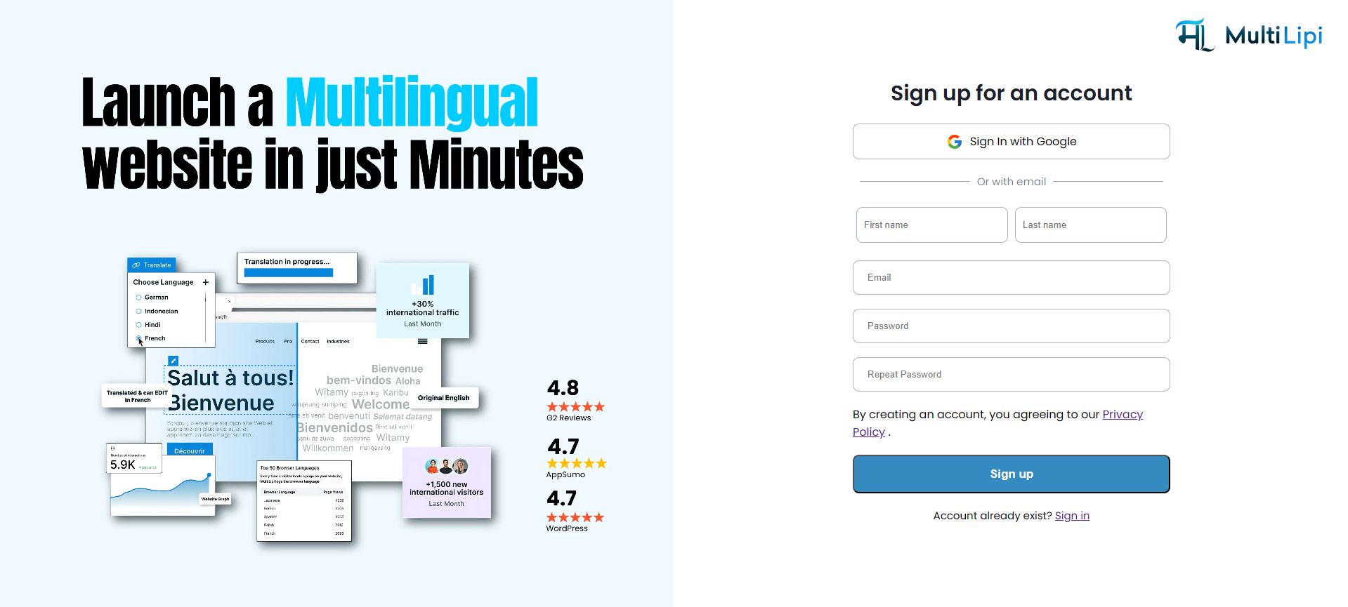 MultiLipi sign up page with email and Google sign-in options
