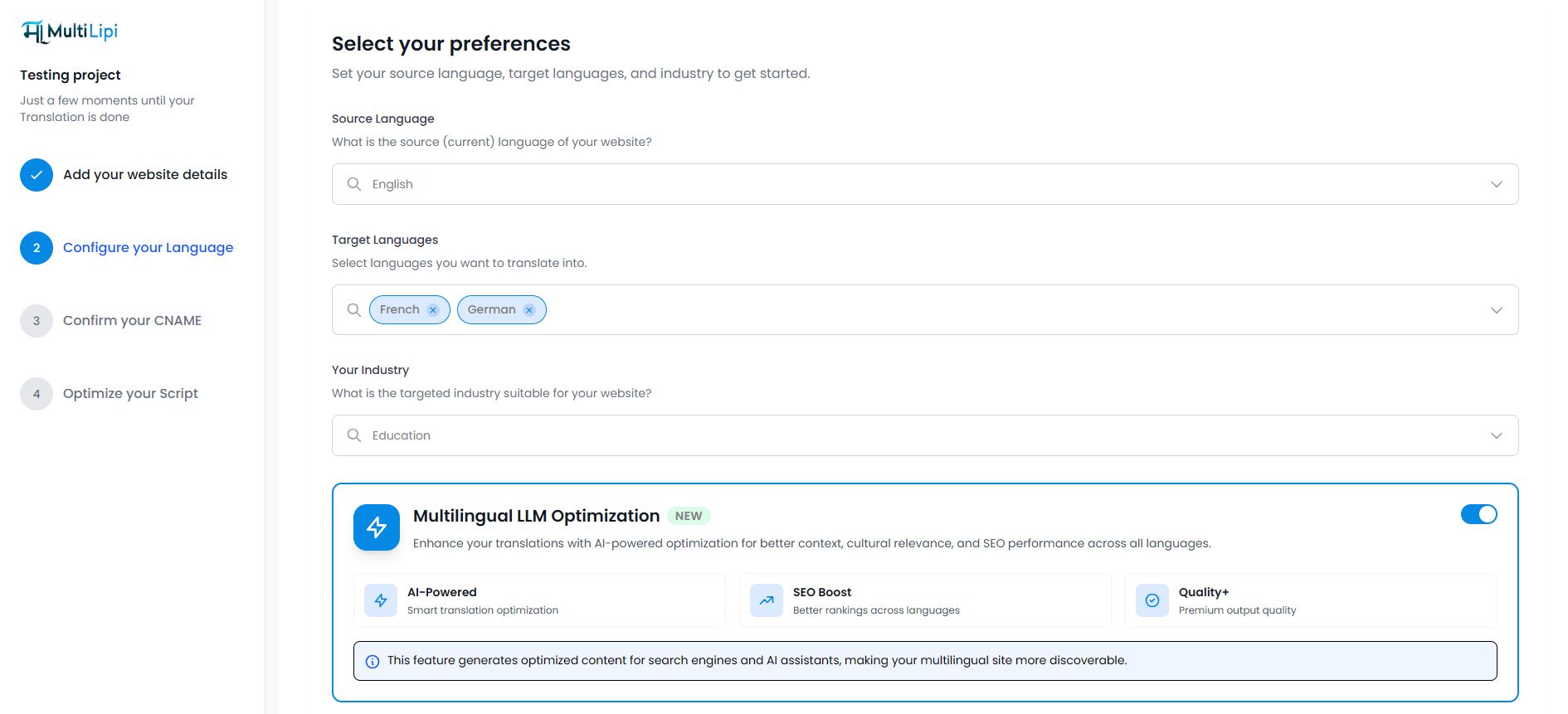 Step 2: Language preferences showing Source Language, Target Languages, Industry, and LLM Optimization toggle