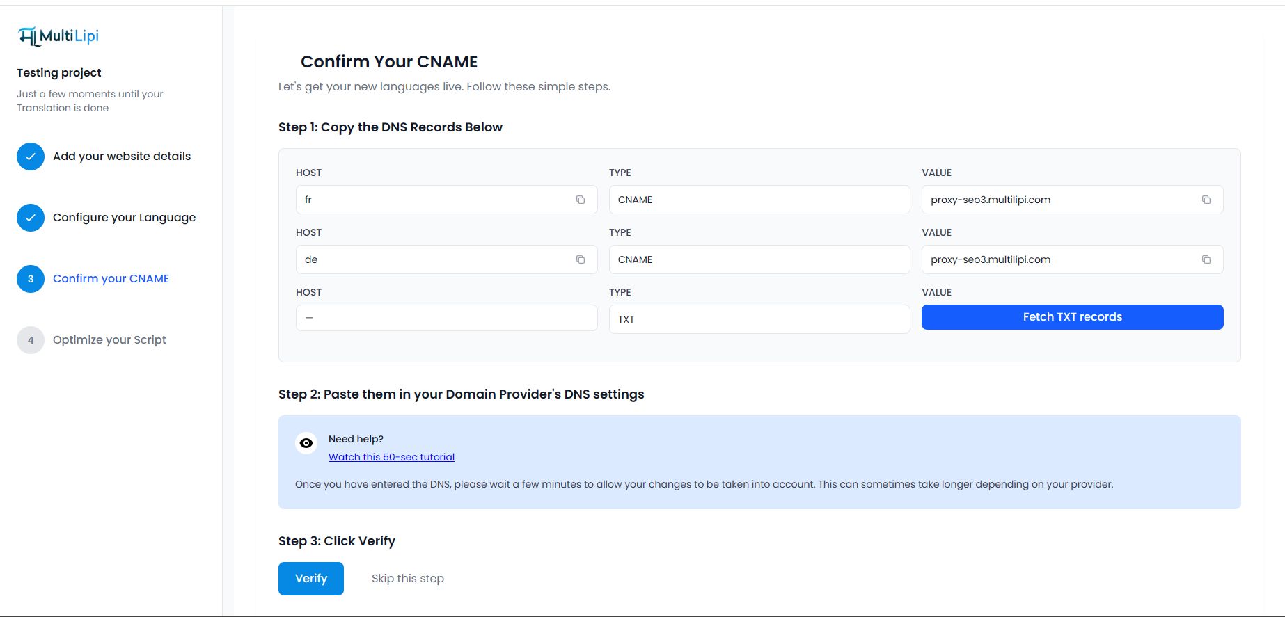 Step 3: CNAME verification showing DNS records to add in domain provider