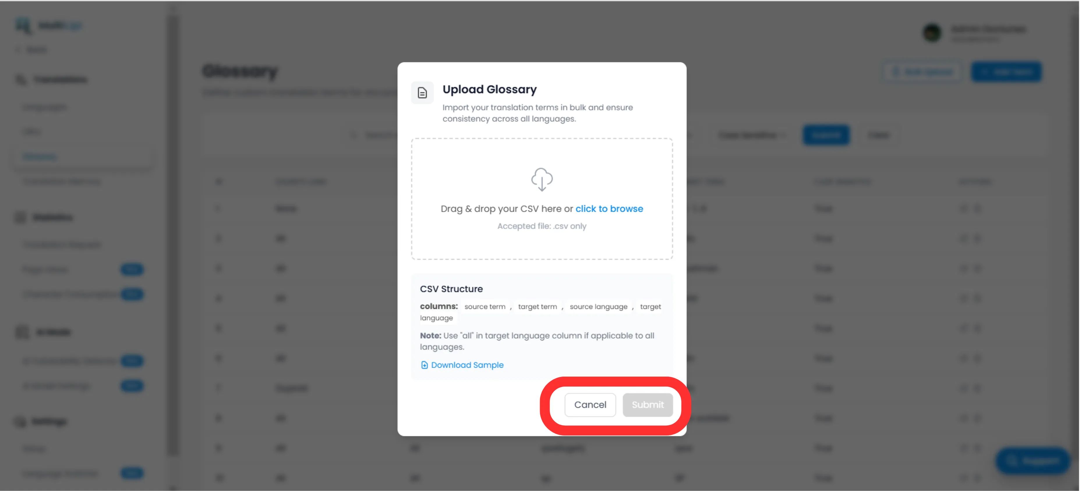 MultiLipi CSV Upload Modal
