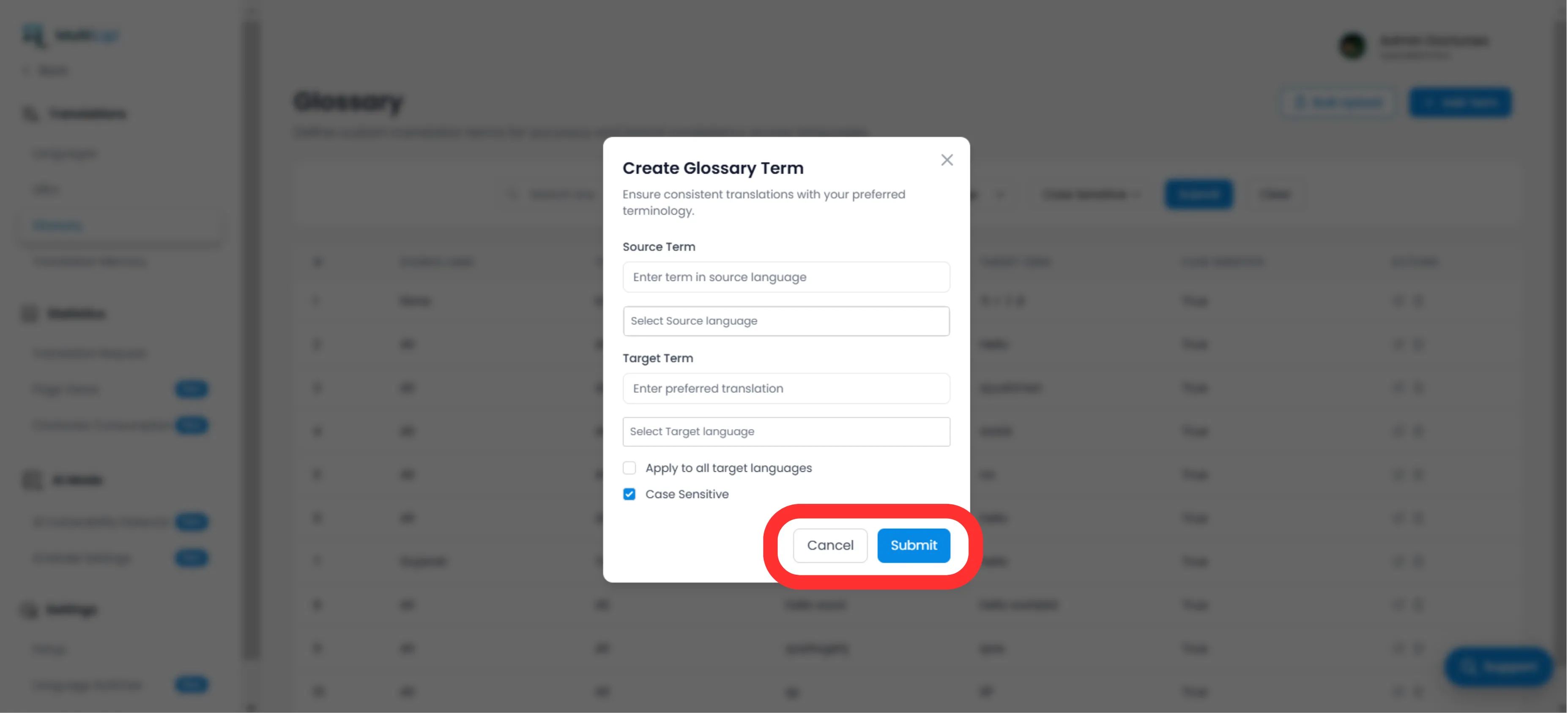Create Glossary Term modal dialog showing Source Term, Target Term, language selection dropdowns, and Case Sensitive checkbox