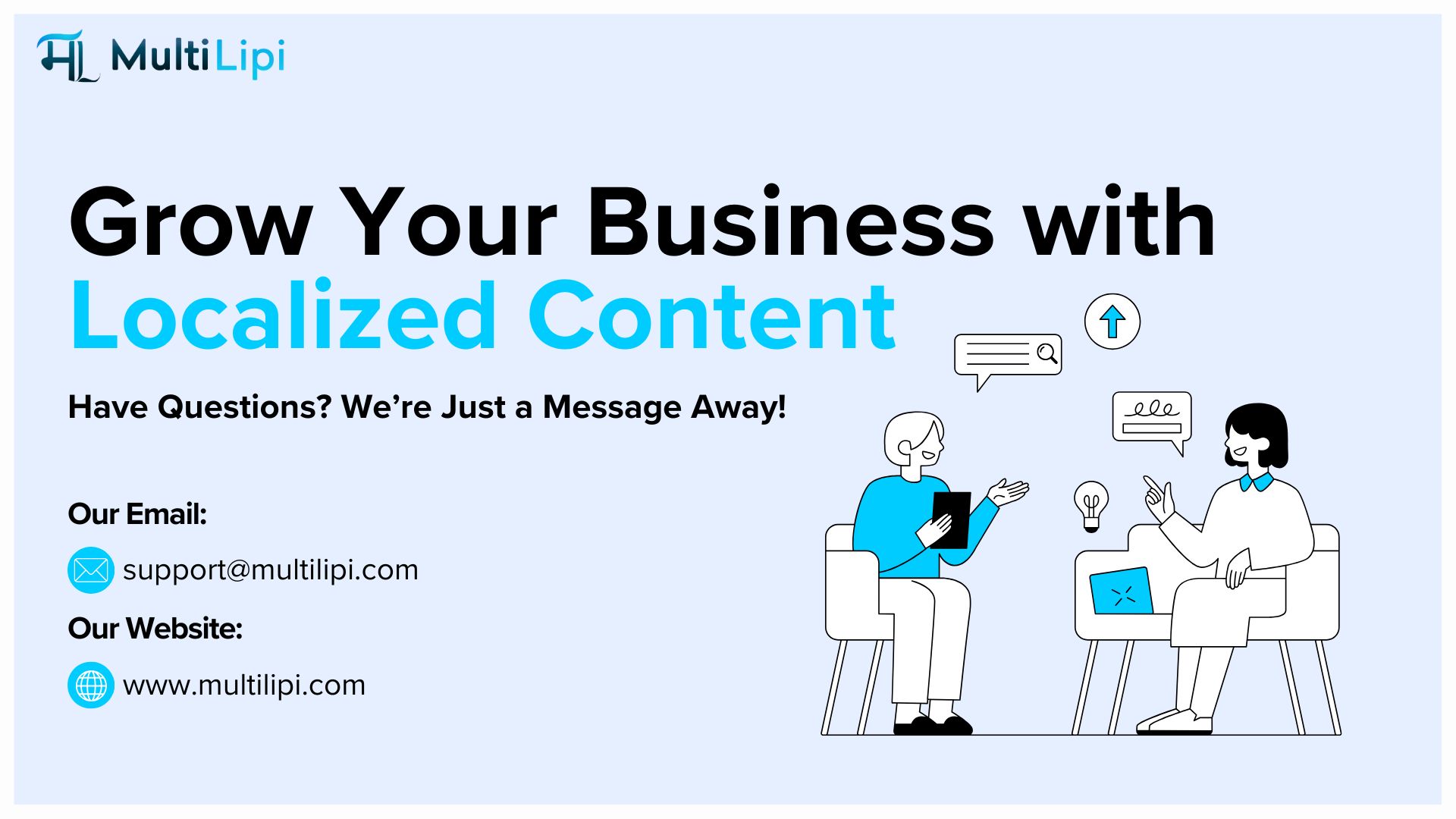 Banner di contatto MultiLipi che incoraggia le aziende a crescere con contenuti localizzati, con dettagli di supporto via e-mail e sito web