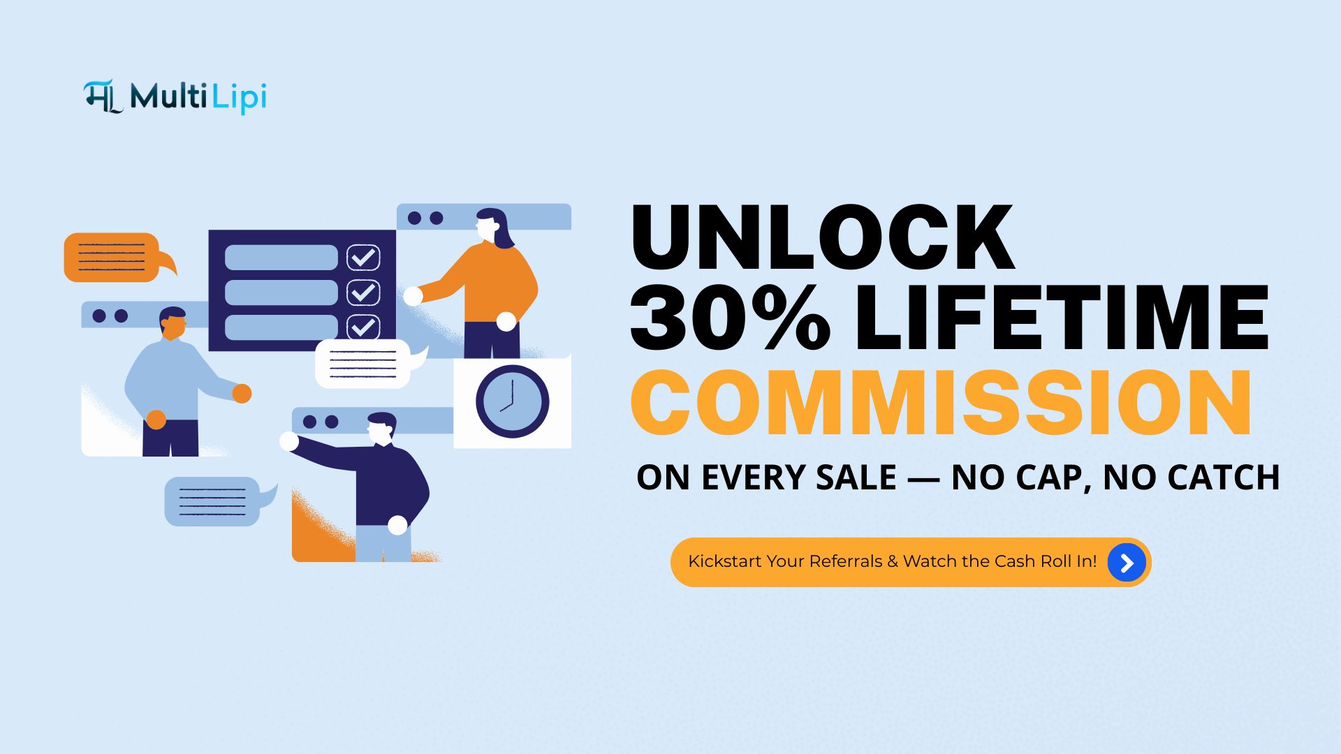 Un gráfico que muestra a los profesionales colaborando con listas de verificación, representando el éxito del programa de afiliados de MultiLipi y ganando comisiones de por vida por referencias.