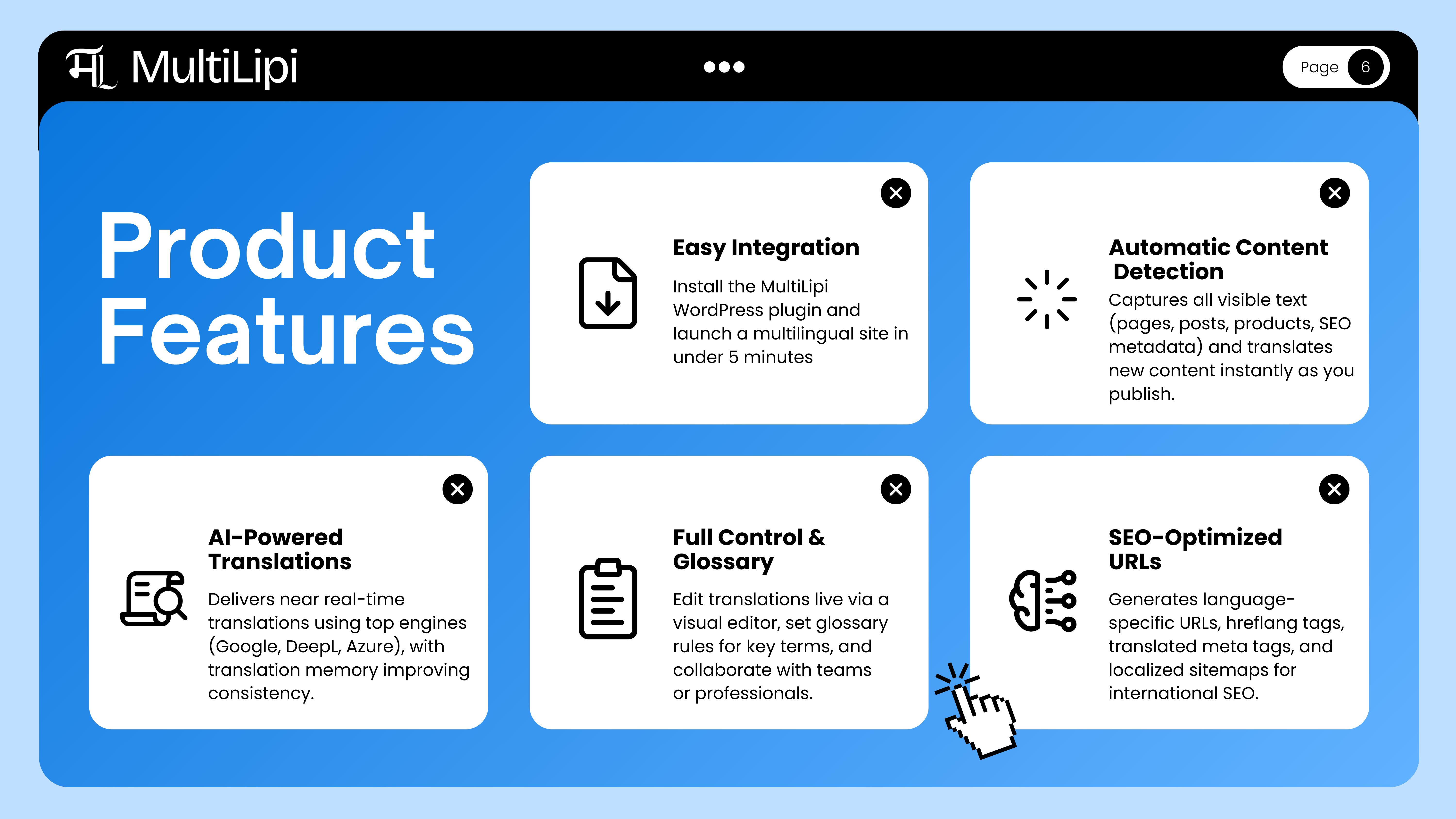 Funzionalità del plug-in MultiLipi per WordPress, tra cui traduzioni AI, glossario e URL ottimizzati per SEO