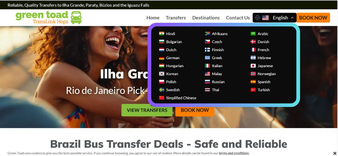MultiLipi dashboard showing translated words and languages for Green Toad Bus