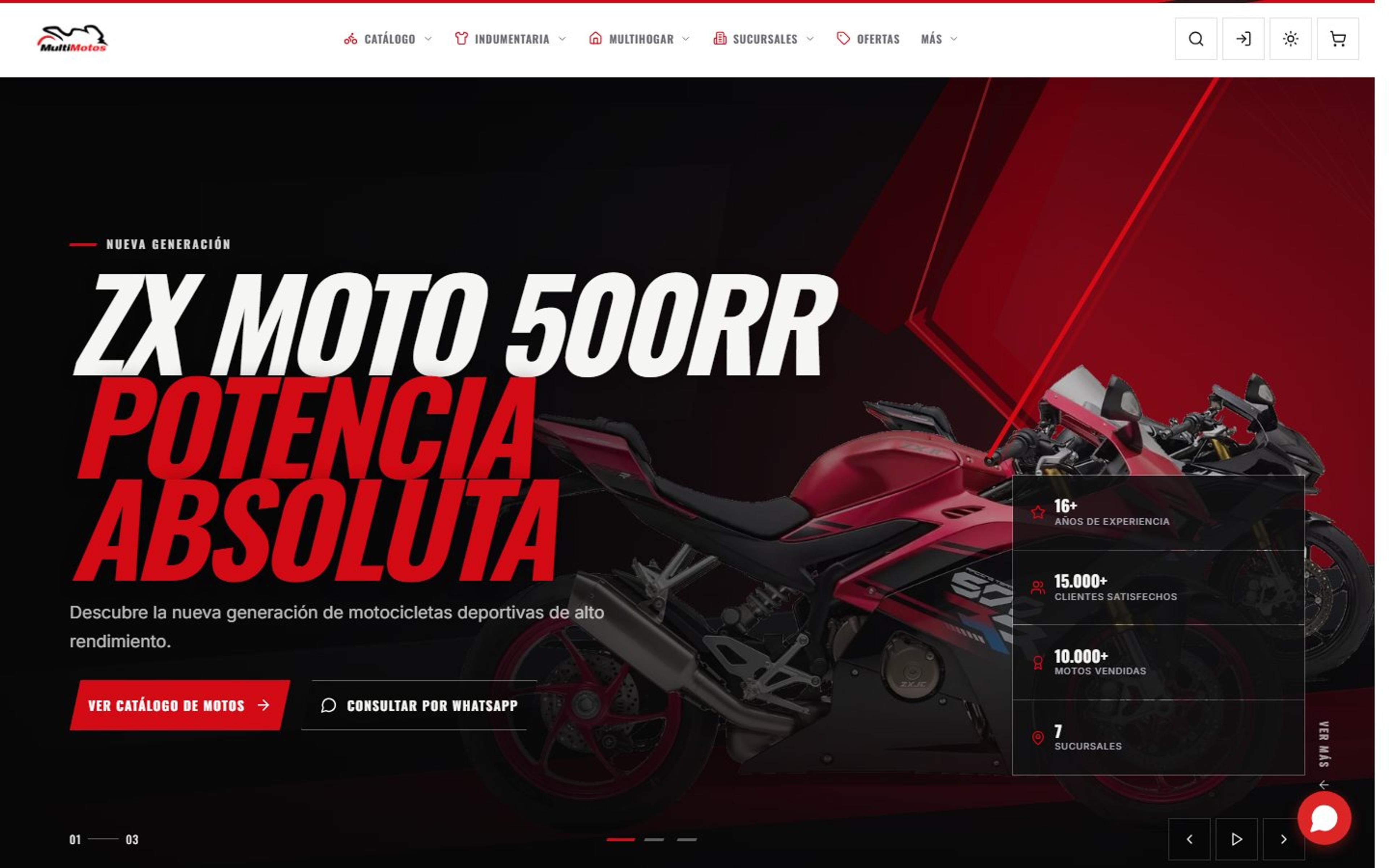 Inicio renovado de Multimotos con el hero de la ZX Moto 500RR y navegación del catálogo