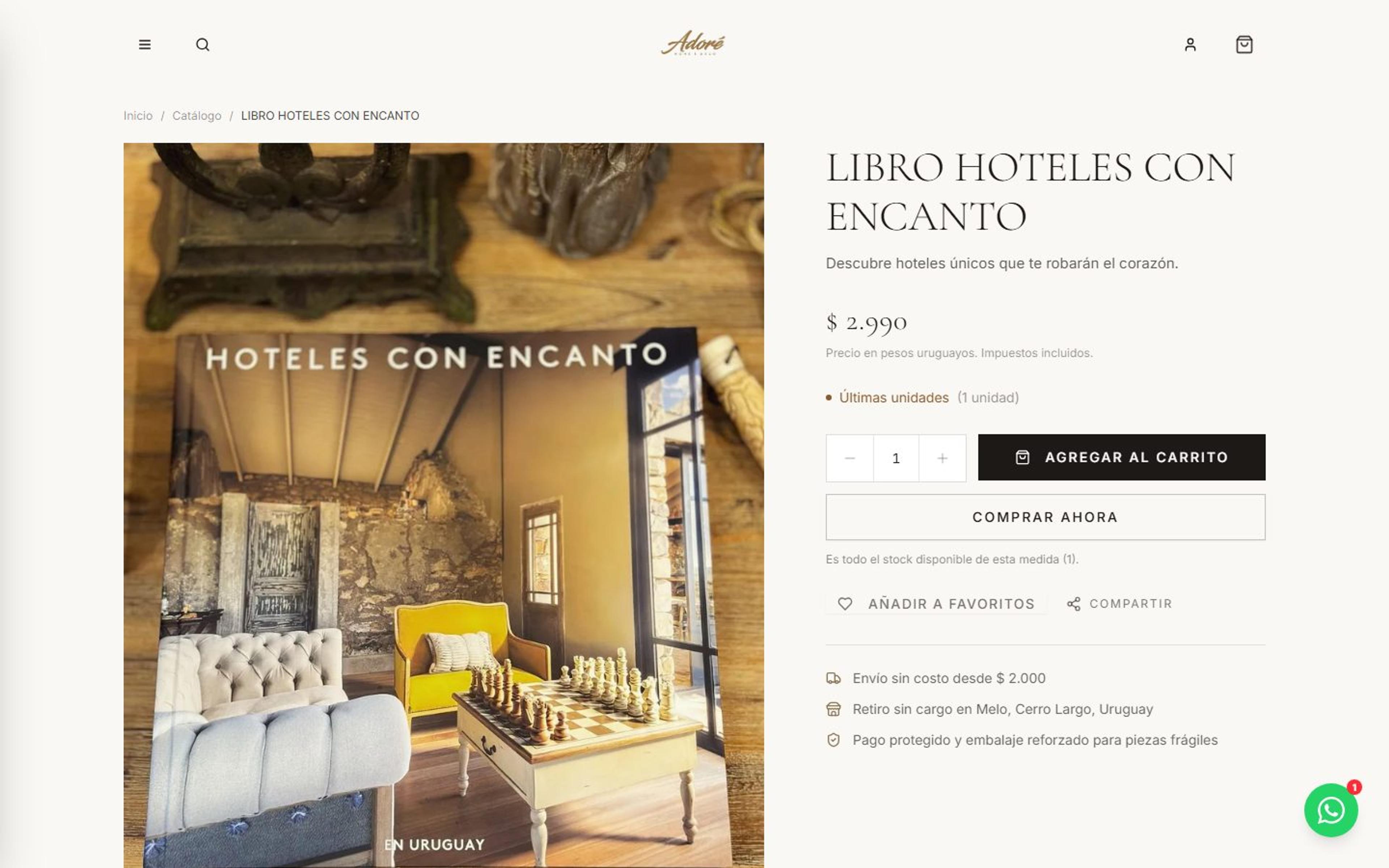 Ficha de producto de Adoré con imagen, disponibilidad, cantidad, carrito y entrega