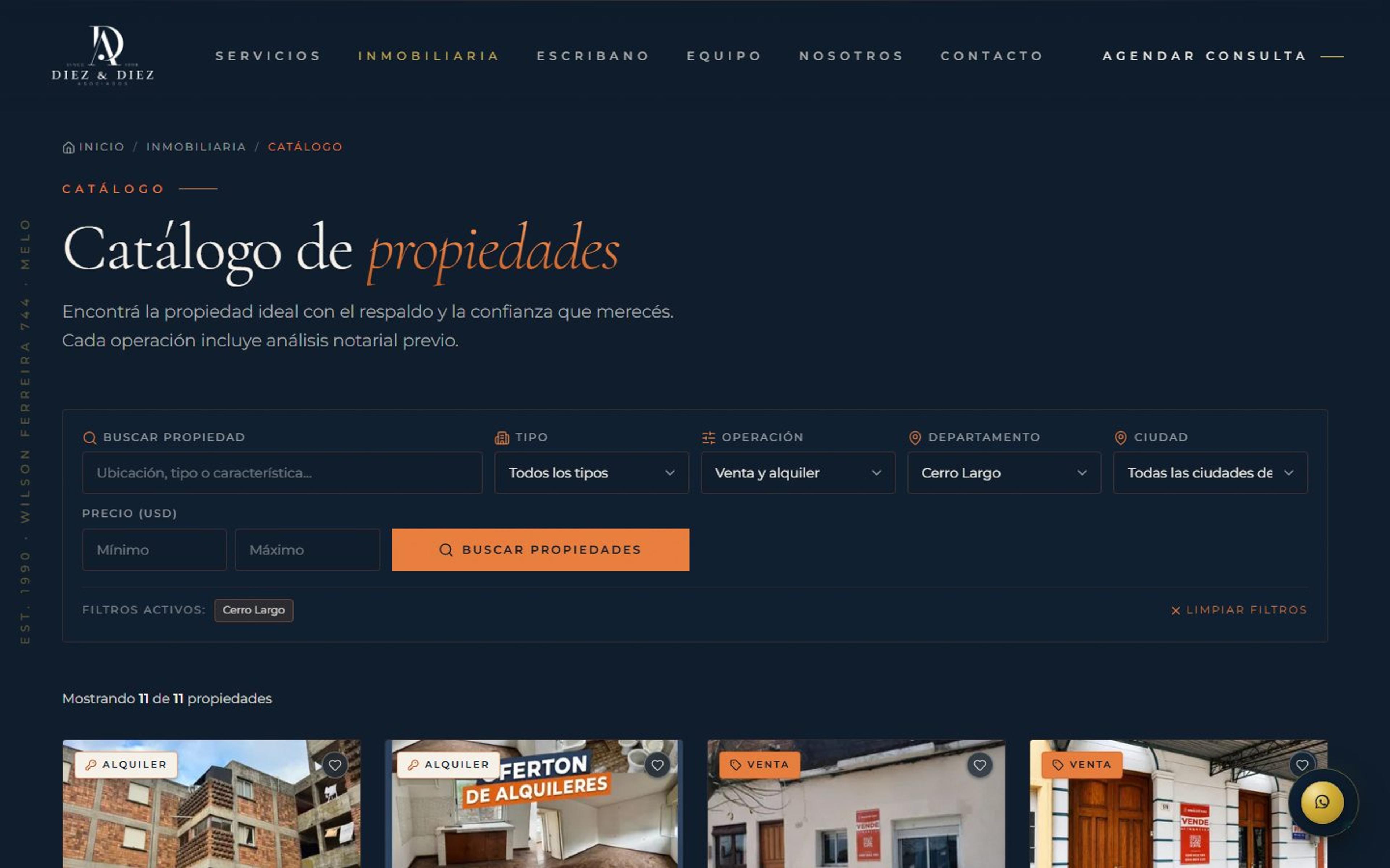 Catálogo de propiedades con filtros por operación, ubicación, tipo y precio