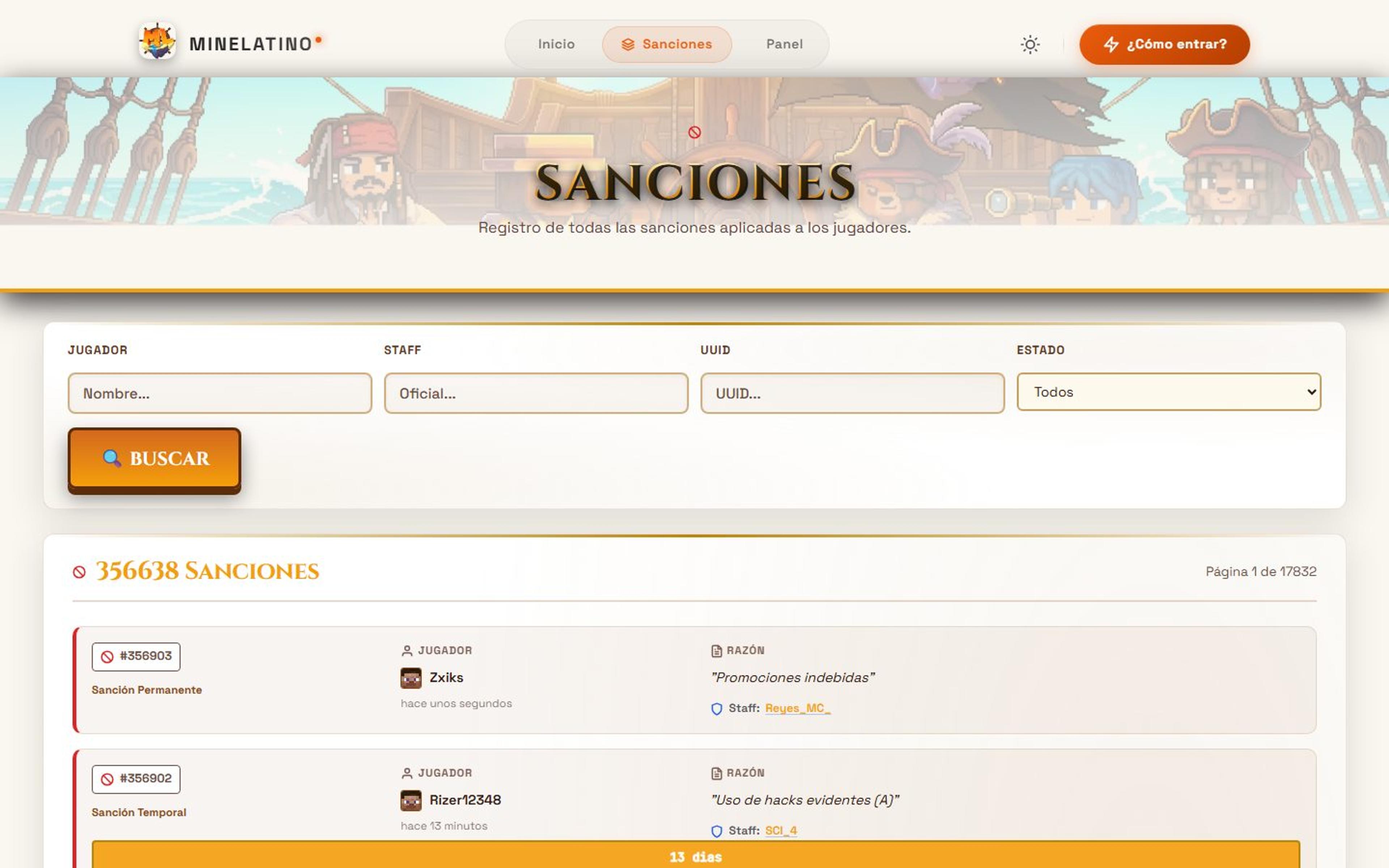 Registro de sanciones de MineLatino con filtros y expedientes paginados