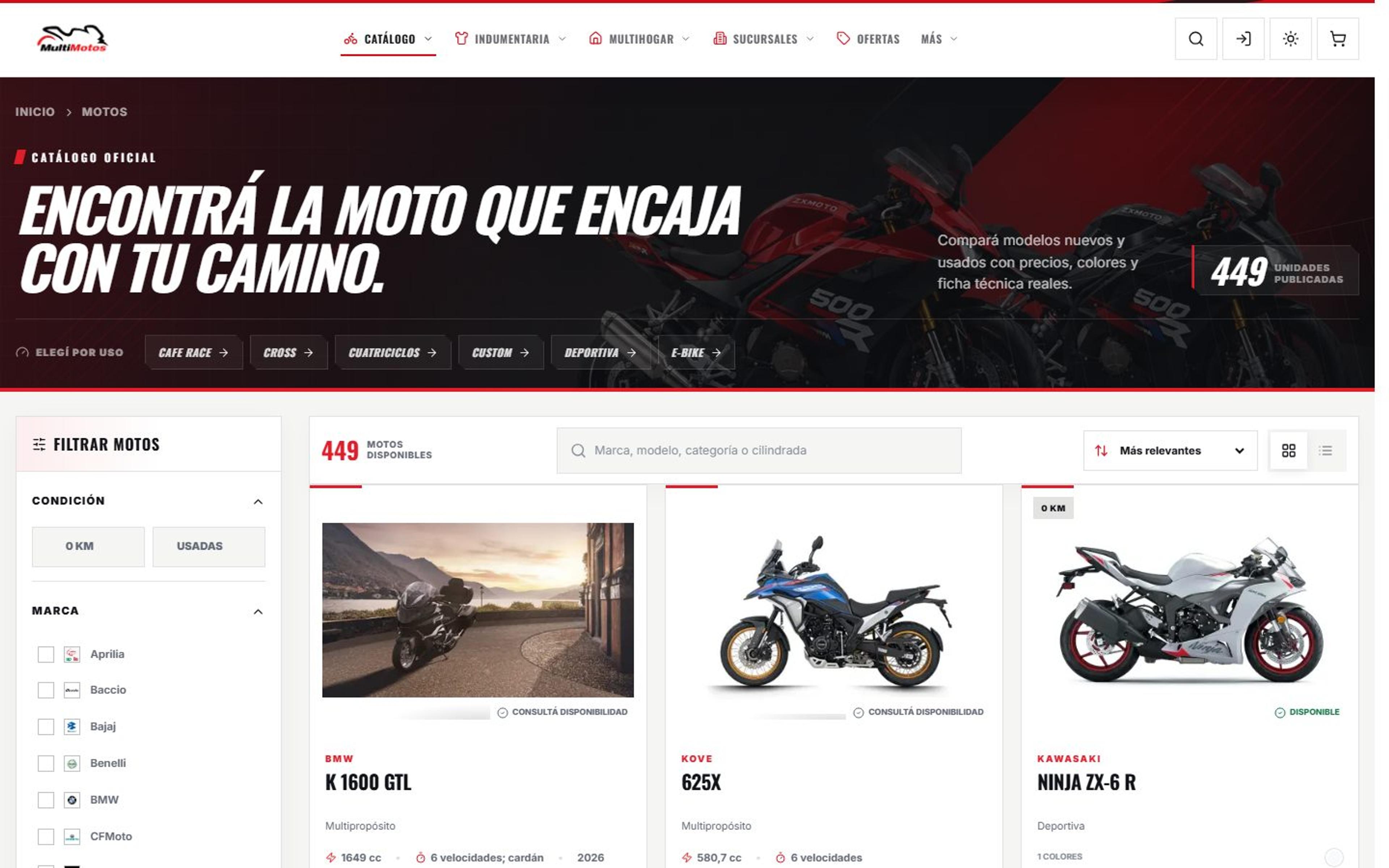 Catálogo de Multimotos con búsqueda, filtros de uso y grilla de motocicletas