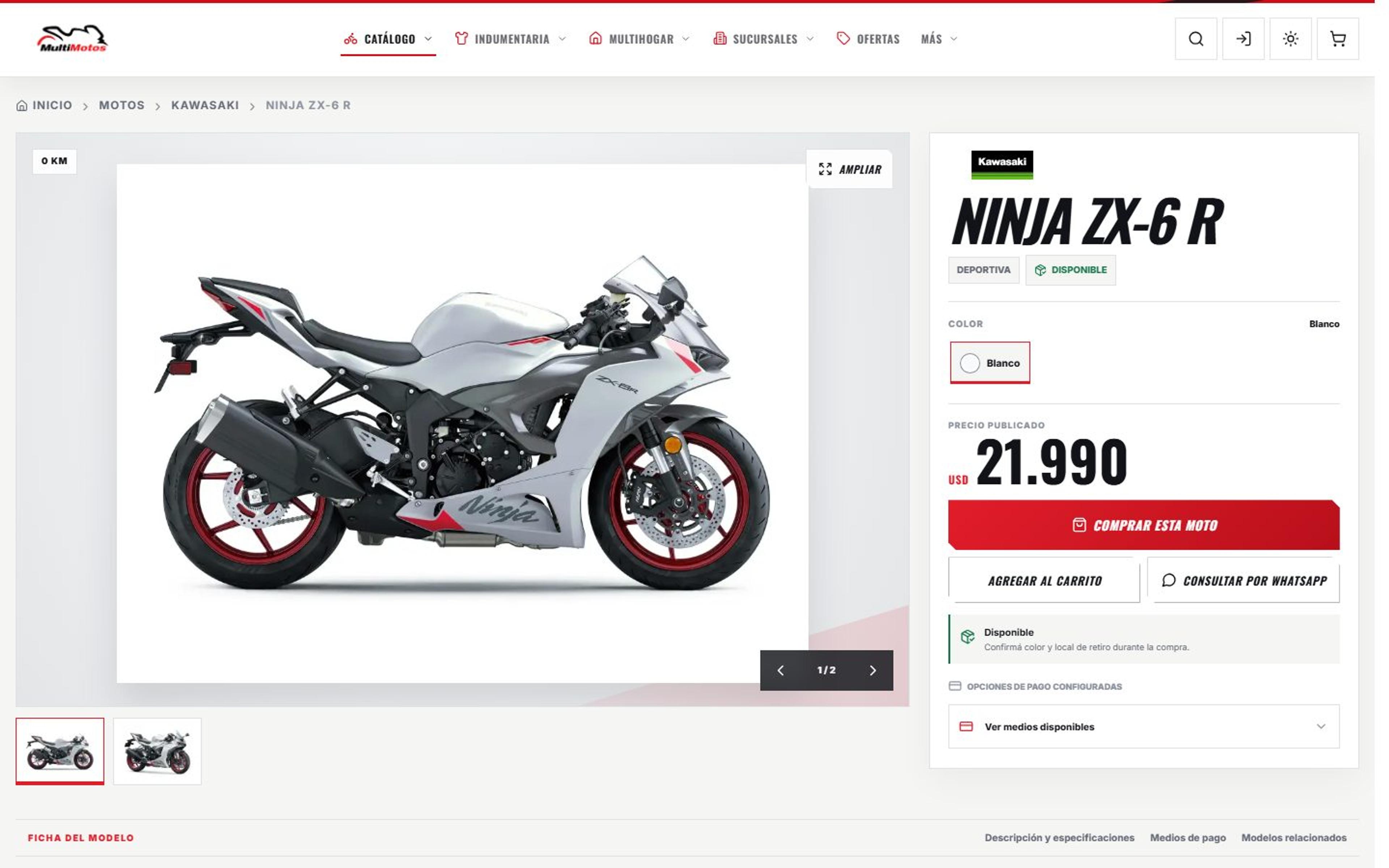 Ficha de una motocicleta con galería, disponibilidad, variante de color y acciones de compra