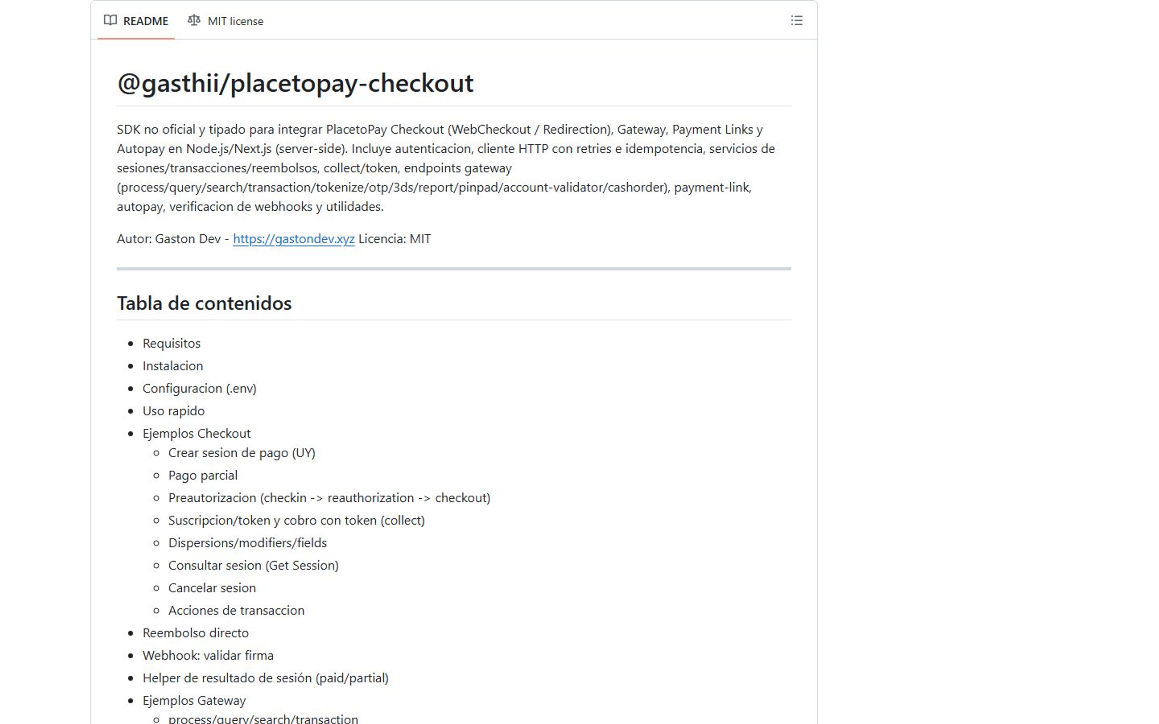 Documentación pública del SDK con alcance, autoría y tabla de contenidos